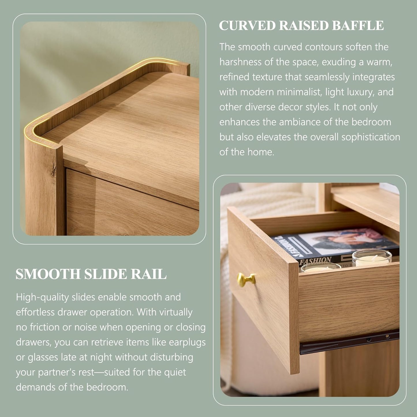 23.6" Tall Modern Nightstand Set of 2, 22" Wide Curved Bedside Table with Charging Station, Wooden Night Stand with 1 Storage Drawer, Large End Table for Bedroom, Living Room, Natural