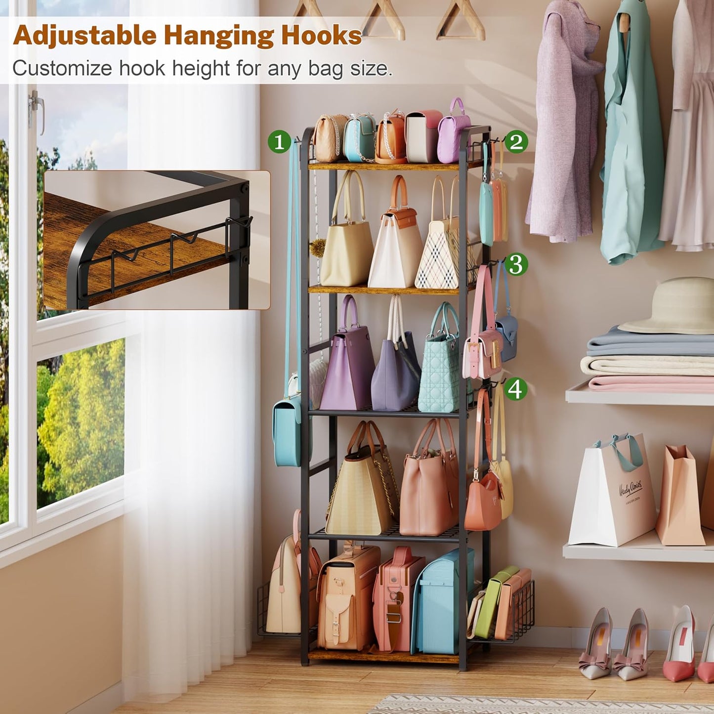 5-Tier Purse Organizer for Closet, Tall Purse Rack Stand for Purse Storage, Metal & Wood Handbag Organizer with 4 Side Hooks and 2 Baskets, Space-Saving Narrow Purse Shelf for Small Space, Bedroom