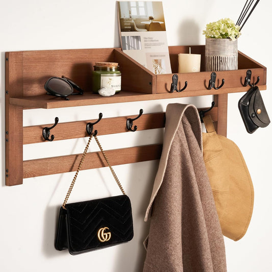 Coat Rack Wall Mount with Hooks & Shelf - Wooden Entryway Organizer for Hanging Coats, Keys, Hangers - Space Saving Durable Wood Holder for Hallway, Bedroom, Office-The Essential Model