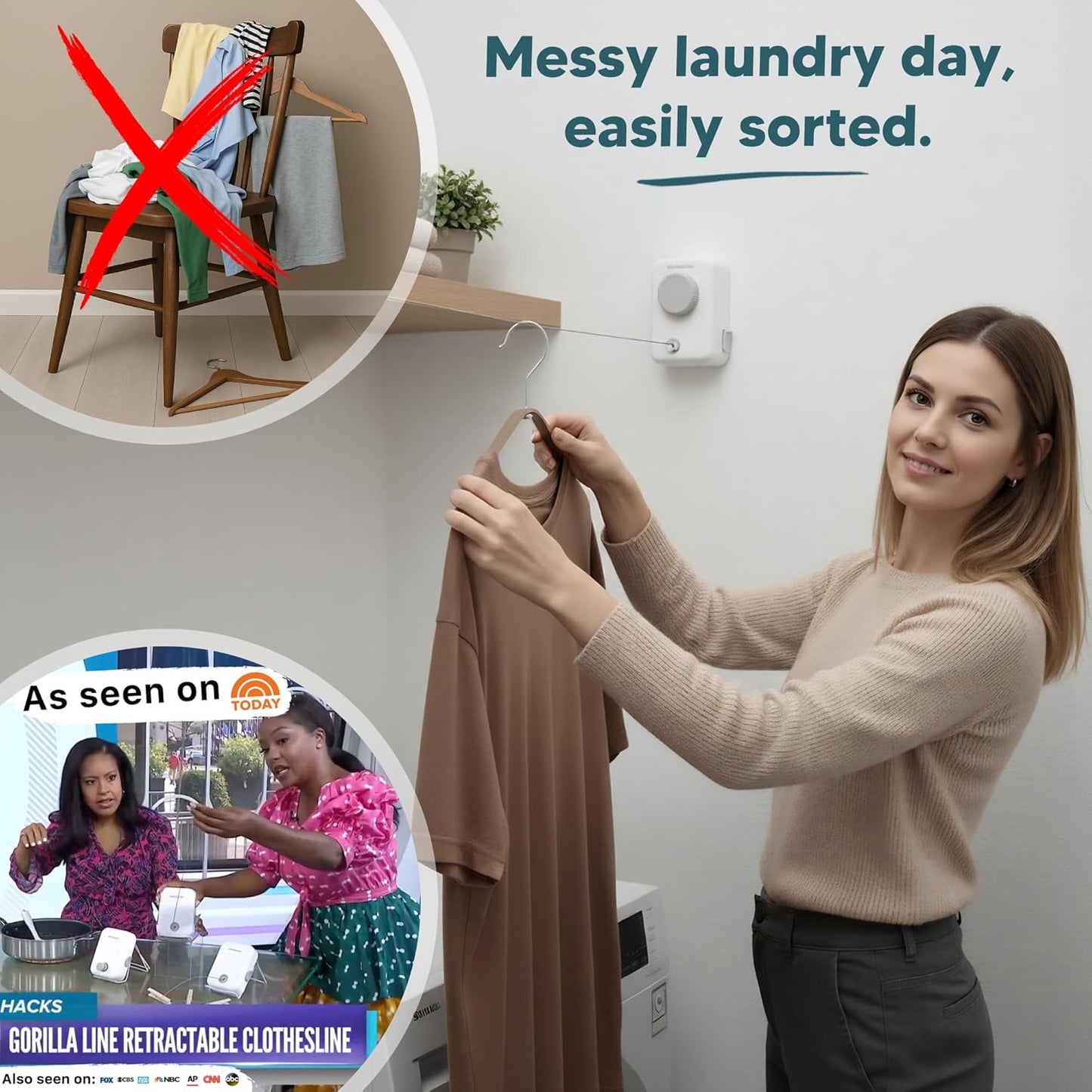 GorillaLine Max - Retractable Clothesline Indoor Outdoor Clothes Line - Heavy Duty Clothes Drying Laundry Line - Wall Mounted Drying Rack - Air Dry Clothing - Max Tighten with GorillaGrip