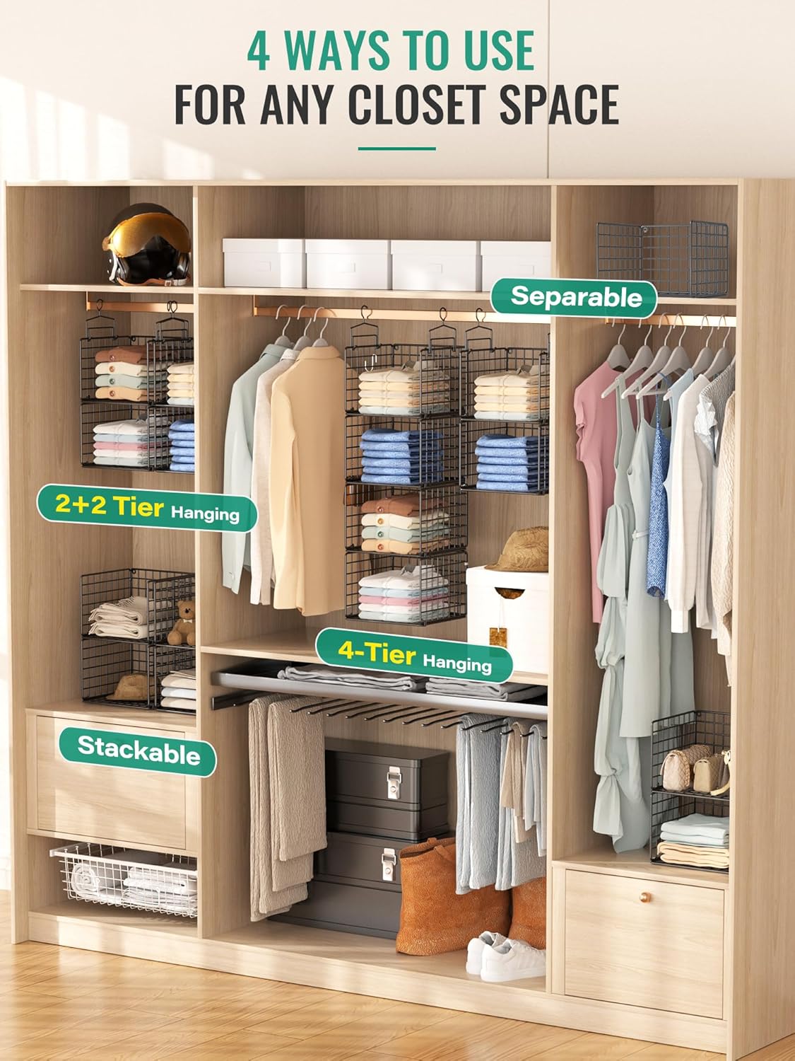 Hanging Closet Organizer, 4 Tier Metal Closet Organizers and Storage with 4 Hanging Hooks 4 S-Hooks for Wardrobe Laundry Room, Wire Storage Shelf for Clothes Sweaters Pants (Black)