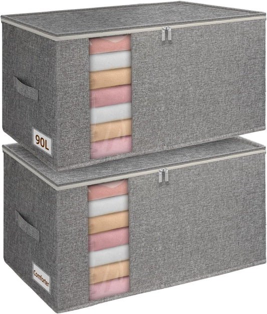 90L King Size Comforter Storage Bags with Rigid Panel,Large Blanket Storage Organizer for Closet,Bedding Sets Stackable Container with Clear Window & Smooth Zippers,Foldable Clothing Storage Bin,2Pack