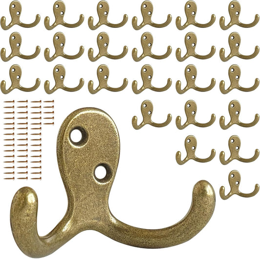 25 Pack Coat Hooks Wall Hooks for Hanging, Heavy Duty Double Prong Metal Hook Wall Mounted for Living Room, Bathroom, Kitchen, Bedroom for Coat, Bag, Scarf, Towel, Hat, Key, Cup (Bronze)