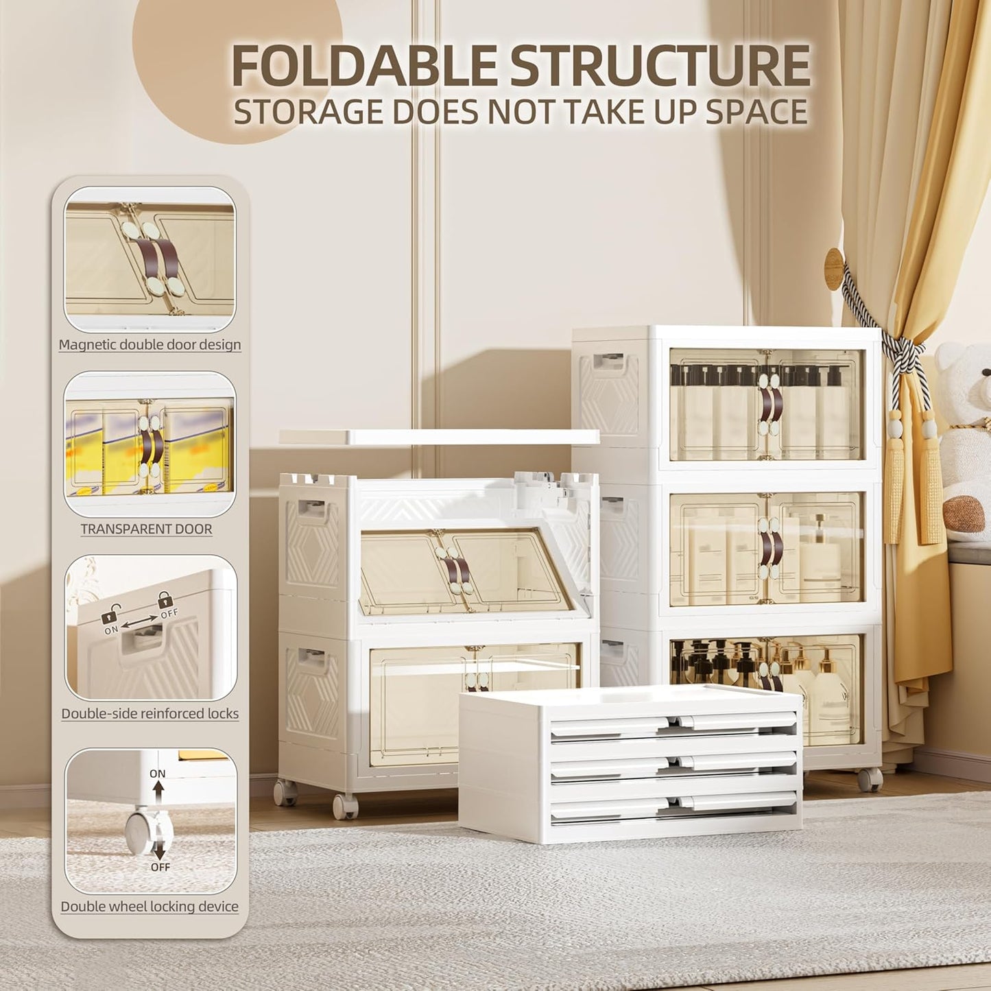 108 QT / 27 Gal Magnetic Double Door Cabinet with Wheels - Foldable Stackable Design, Leather Handles, Water Resistant Organizer for Bathroom, Kitchen