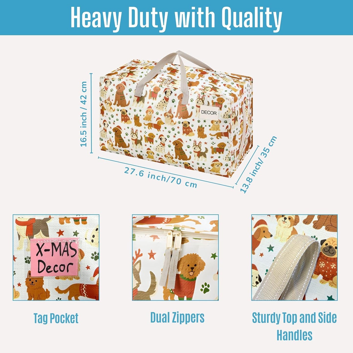 VENO 4 Pack Moving Bags and Large Christmas Decoration Storage Bins with lids. Alternative to Moving Boxes, Packing Supplies for College. Heavy Duty Totes (Holiday Pups, 4 Pack)