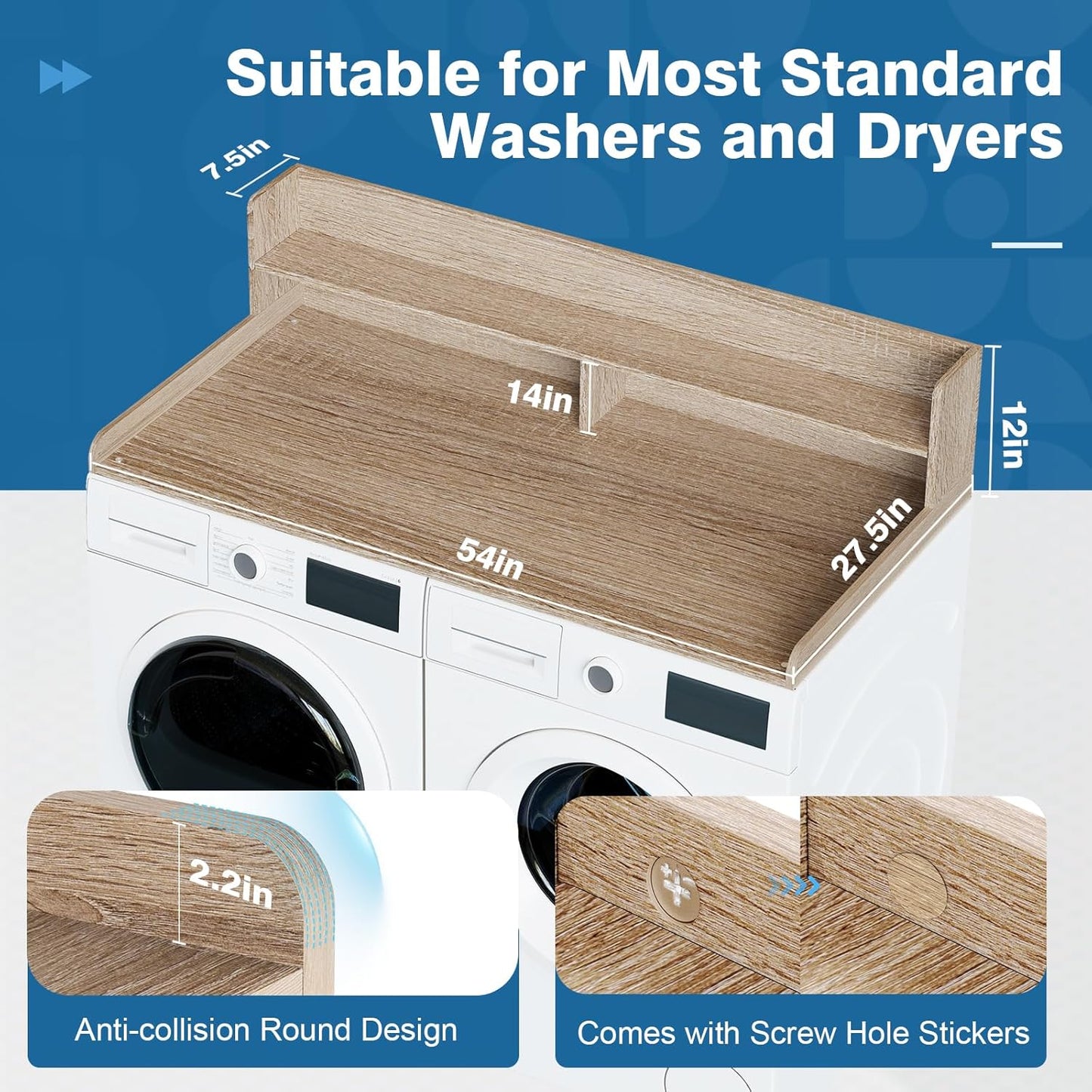 Washer Dryer Countertop with Shelf 27.5" W x 54" L x 12" H Laundry Room Countertop for Washer and Dryer with Edge Rails, Oak