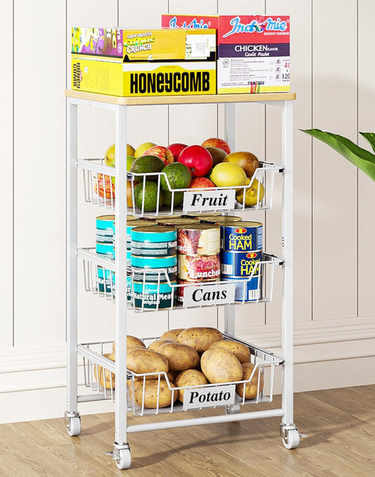 4-Tier Small Kitchen Storage Cart on Wheels with Pull-Out Drawers, Rolling Pantry and Snack Organizer Cart with Wood Top, Kitchen Floor Fruit Basket Stand for Fruit Potato Onion Veggie Snack