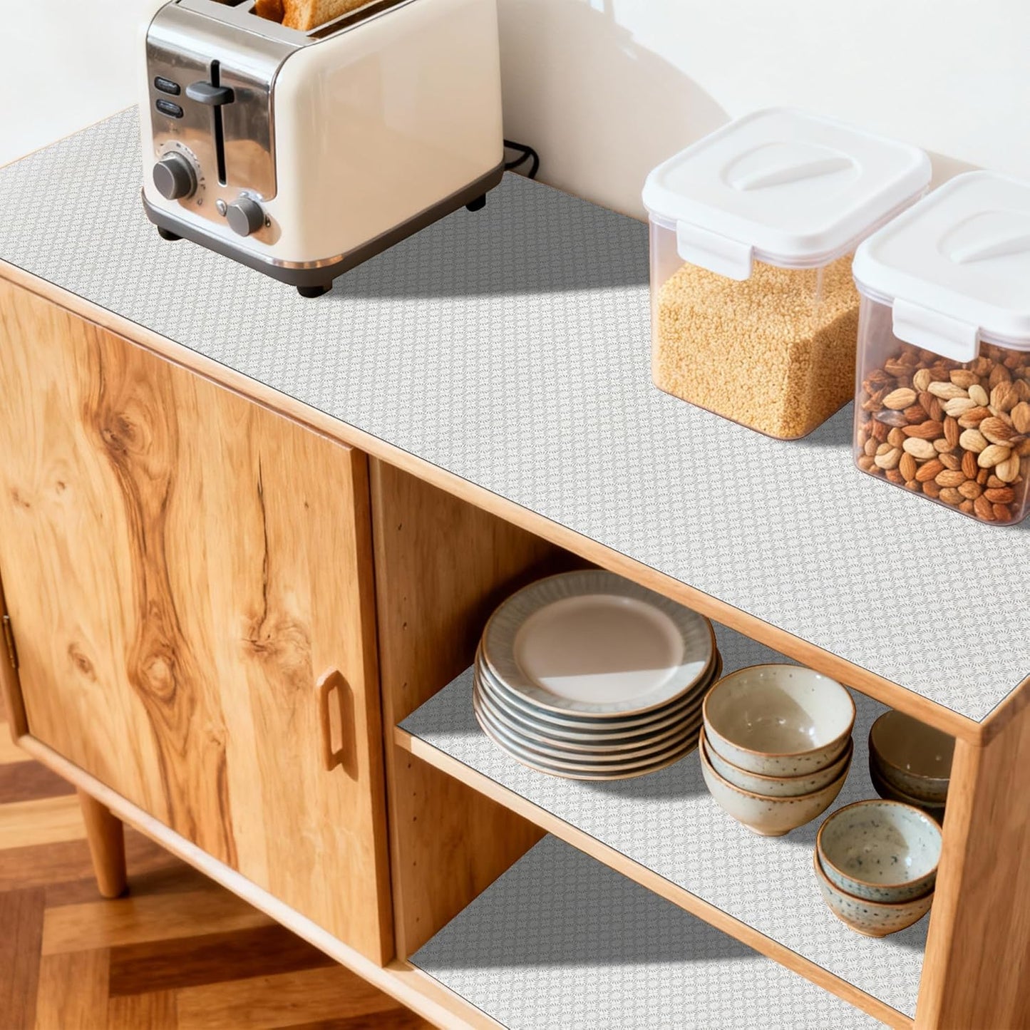 FIFTY FEET 18"x96" Non-Adhesive Shelf Liner for Kitchen Cabinets and Drawers, Washable Non-Slip PVC Cabinet Liner (White Circle)(1 Roll)