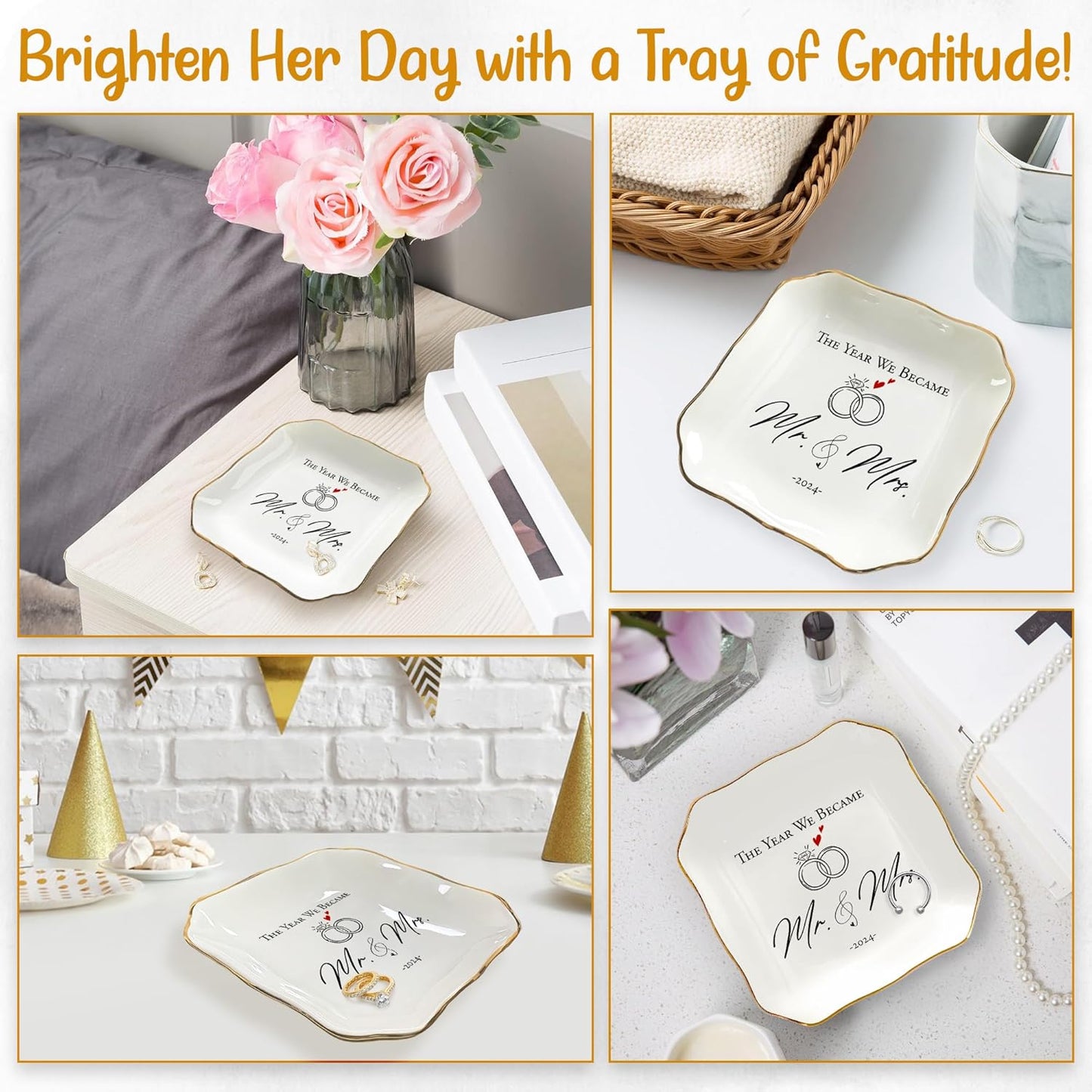 OASSIE Anniversary Wedding Gifts for Her Wife - 4"x4" Ceramic Jewelry Dish Tray - Engagement Newlyweds Couples Gifts for Women Her Wife, Mr and Mrs Decorative Trinket Dish