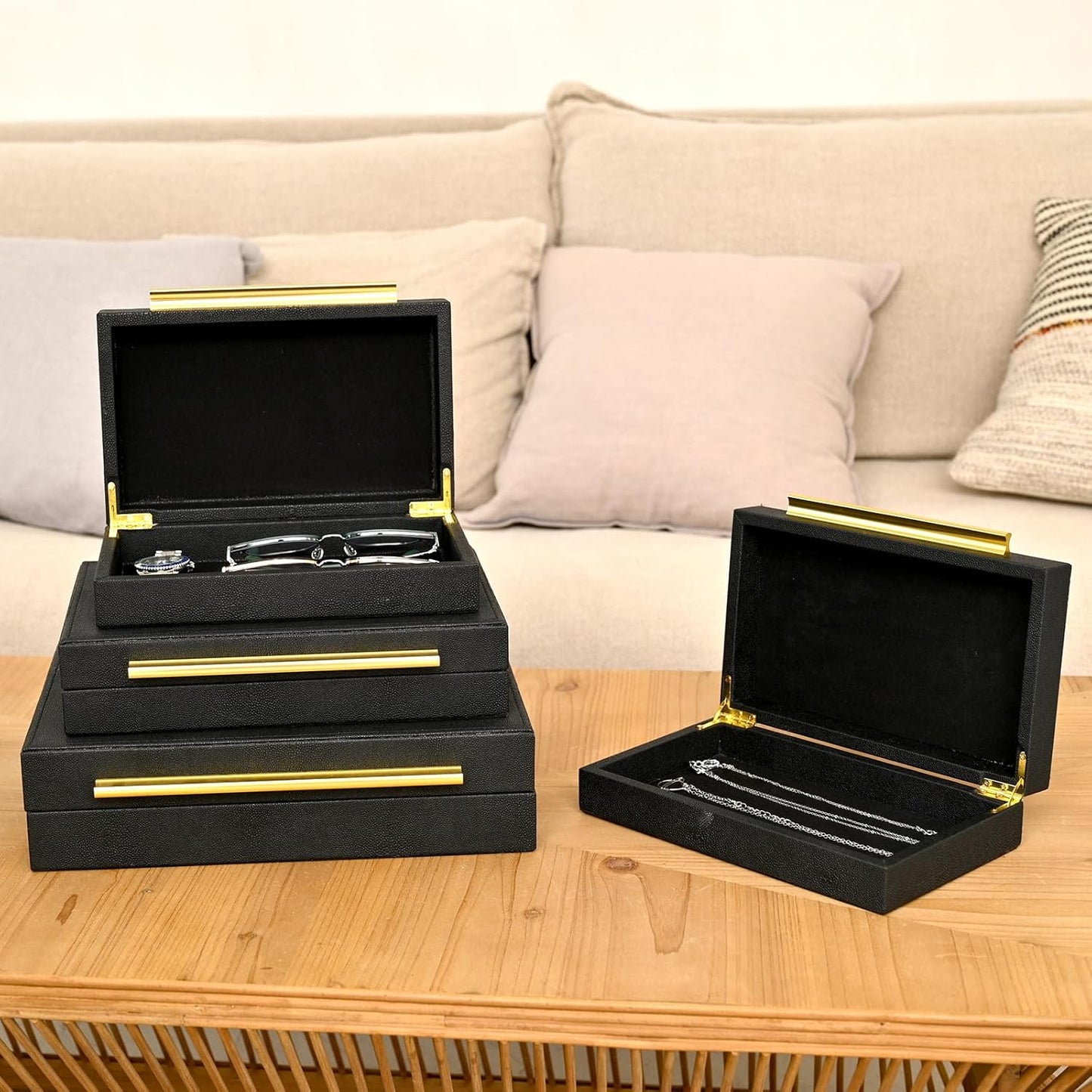 Faux Shagreen Leather Jewelry Boxes Set of 4 with Gold Handles, Stackable Decorative Storage Organizer for Rings, Earrings, Vanity, Dresser, Black