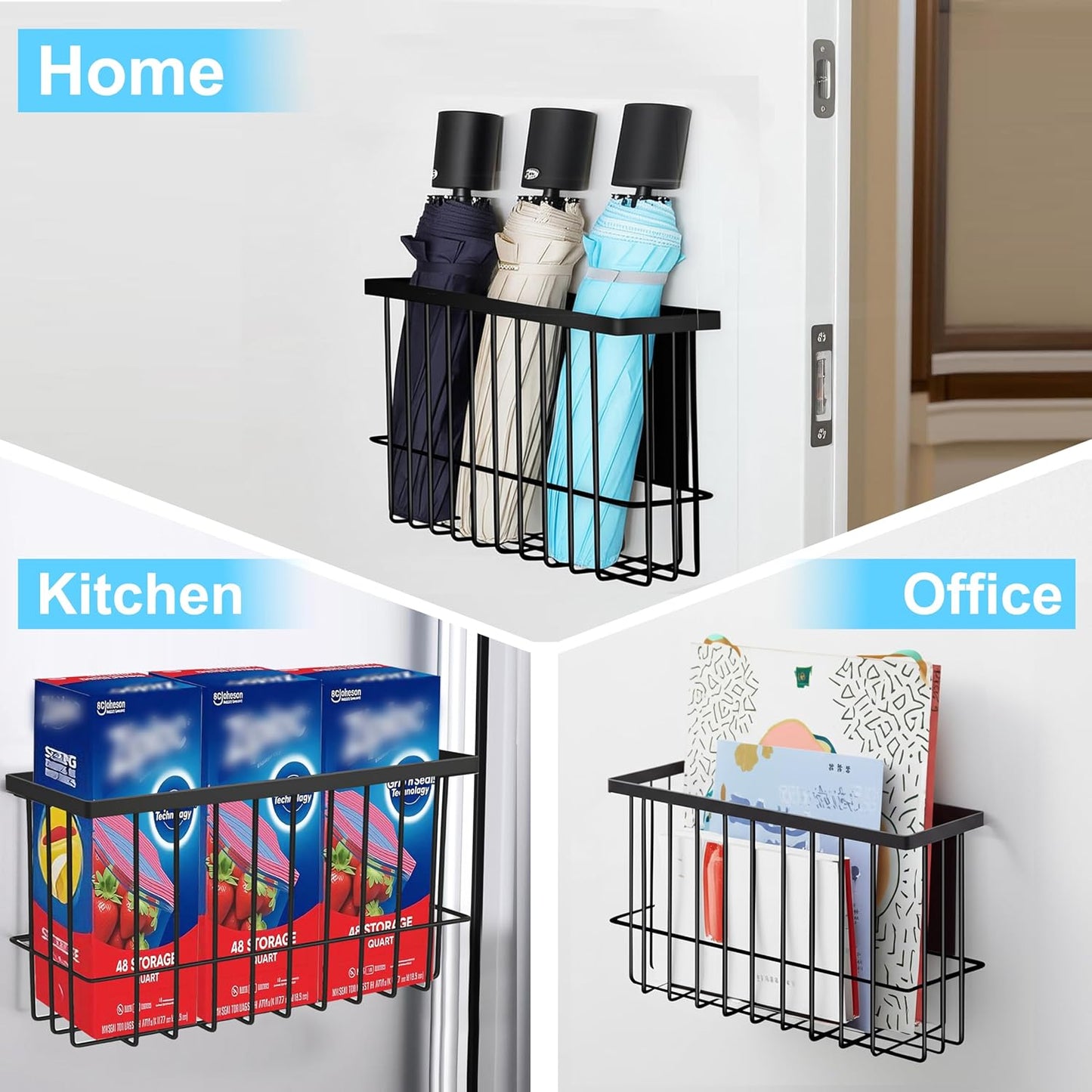 Magnetic Basket for Fridge, Magnetic Basket, Foil and Plastic Wrap Organizer with 4 Caddy Adhesive Stickers, Cabinet Door Organizer for Kitchen Wrap Food Bag Tin Foil Storage, Black, 2 Pack