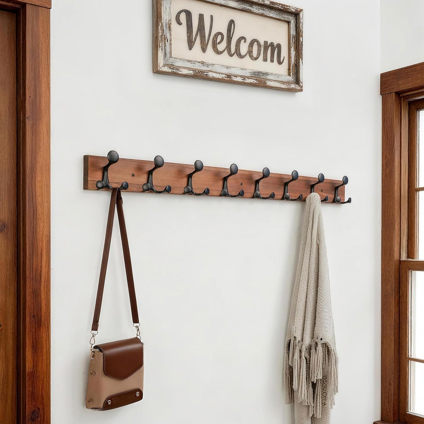 SKOLOO 43-Inch Wood Coat Rack Wall Mount with 8 Triple Hooks - Ideal for Family Entrances, Classrooms, and Pet Supplies Storage - Perfect Coat Hooks for Wall,Charred Golden Brown