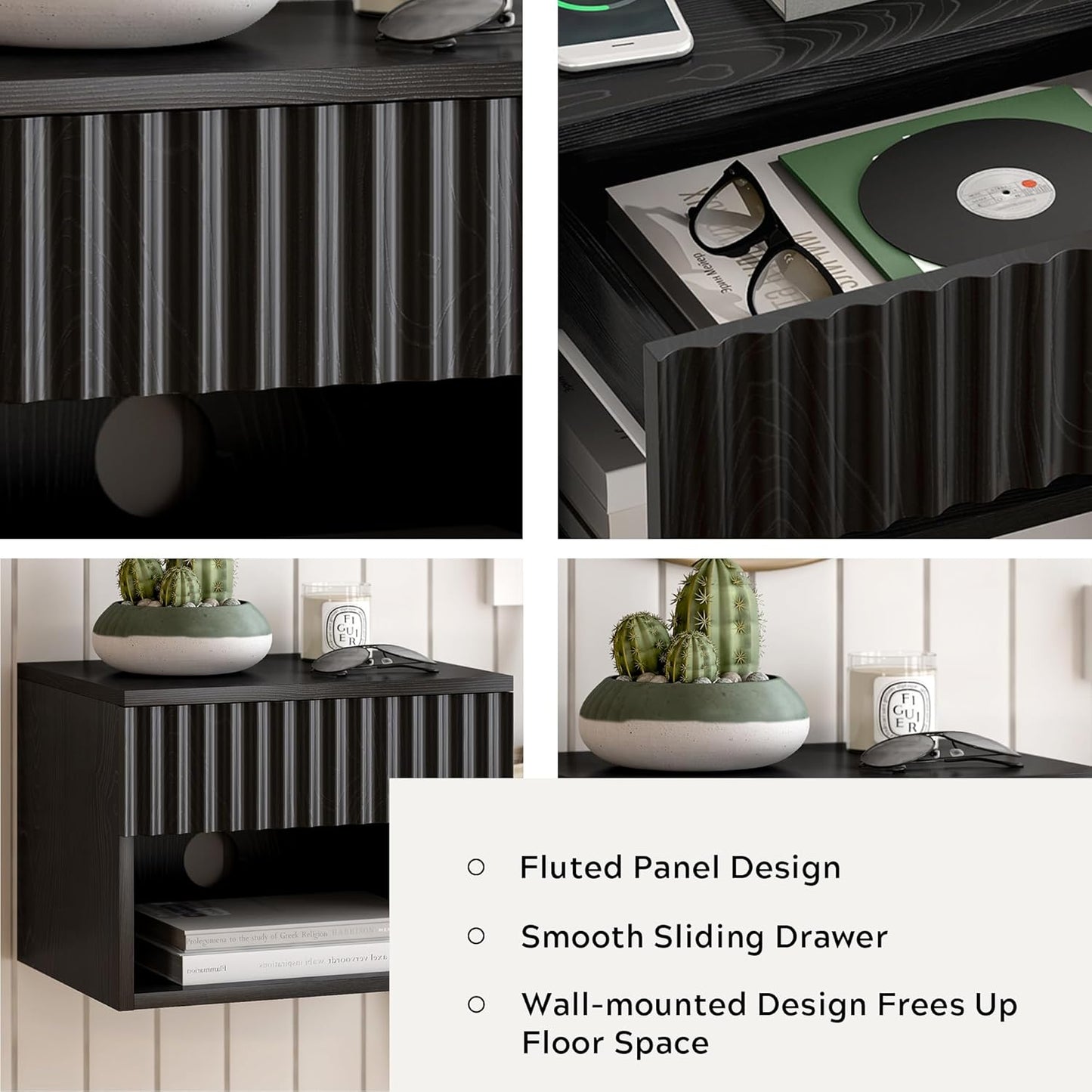 Floating Nightstands Set of 2 with Drawer and Open Shelf, Small Wall Mounted Bedside End Table, Modern Fluted Night Stand for Bedroom, Living Room, Black