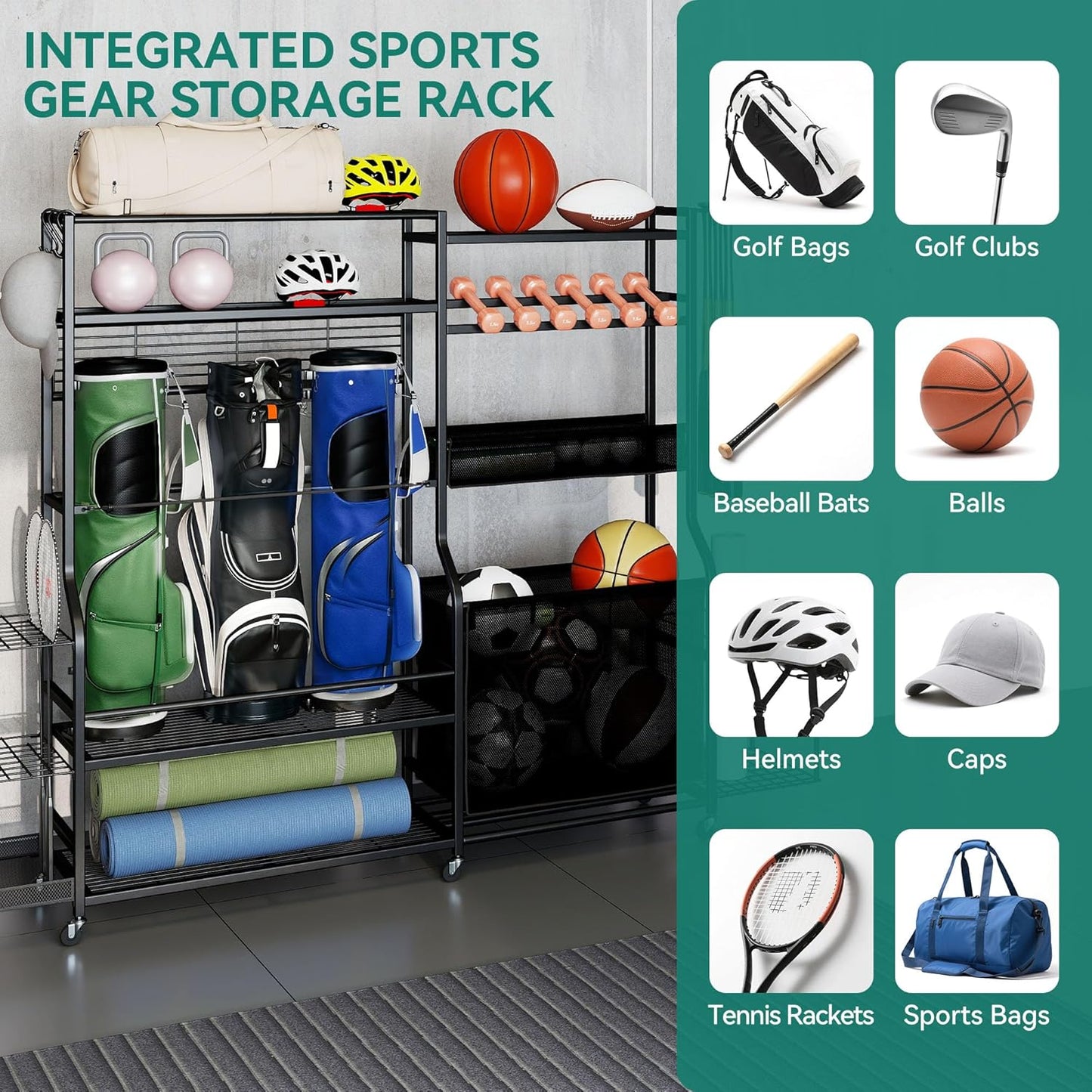 YITAHOME Multi-Functional Sports Organizer for Garage, Golf Gear Storage Rack for 3 Bags and Clubs, Ball Storage Bins with Wheels, Multi-Layer Sports Equipment Rack with Hooks