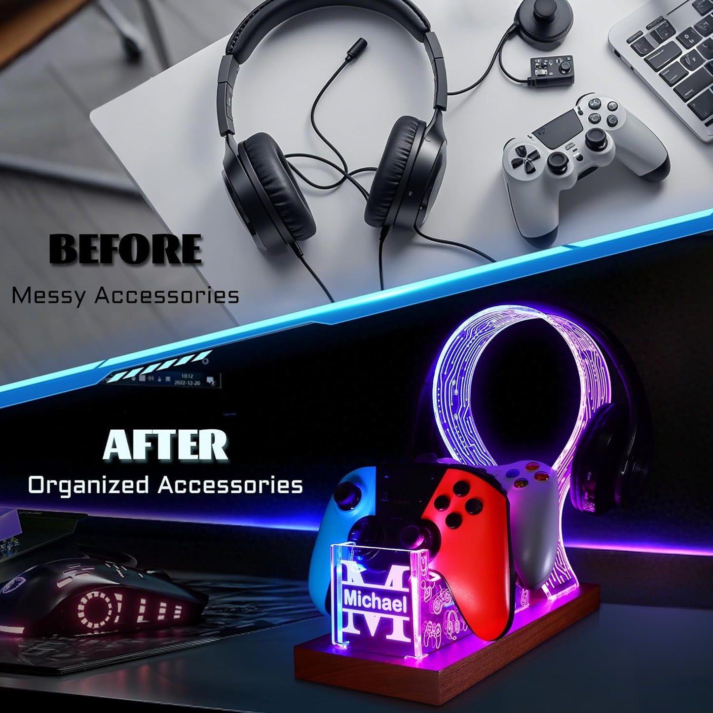 YuanDian Gamer Gifts for Teenage Boy, Desk Gaming Headset and Controller Stand with Blue Pink LED Night Light, Acrylic Wooden Controller Holder with PCB Pattern, Desk Decor Gift (Customized)