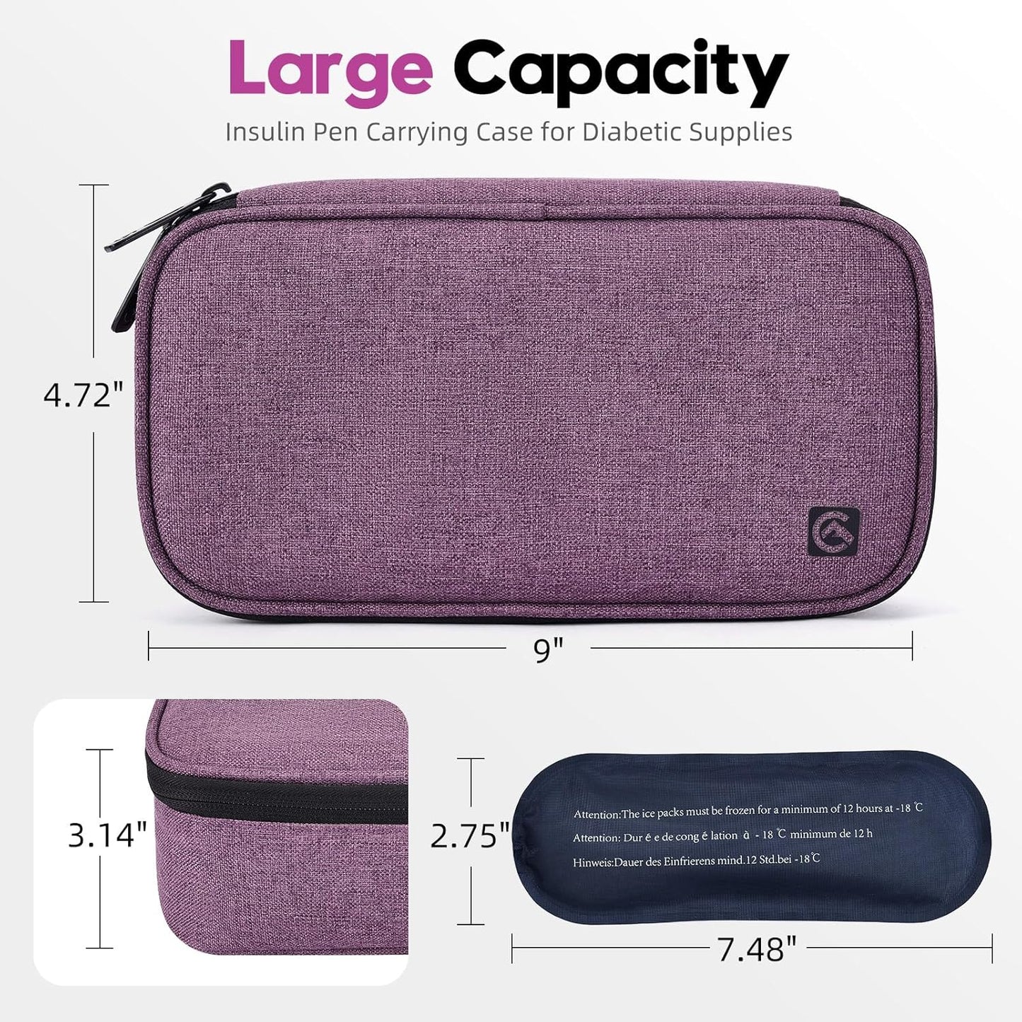 ALLCAMP Insulin Cooler Travel Case for Diabetic Organize Medication with 4 Ice Packs Purple(9X 4.72x 3.14 inches)