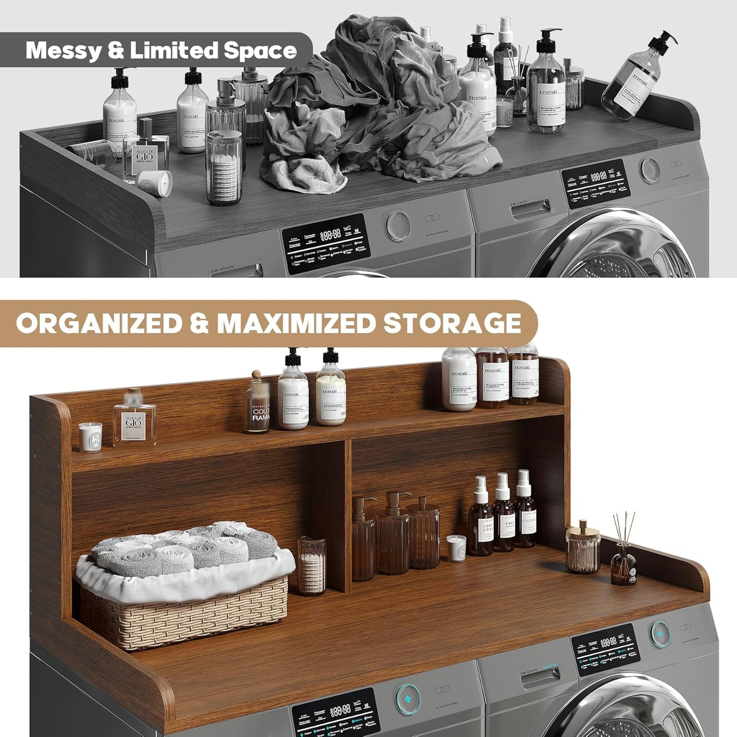 2-Tier Washer Dryer Countertop, 18.5" Raised Height Laundry Countertop with Edge Rails and Non-Slip Pad, 54"W x 27.55"D Washer and Dryer Topper for Laundry Room Storage Organization (Brown)