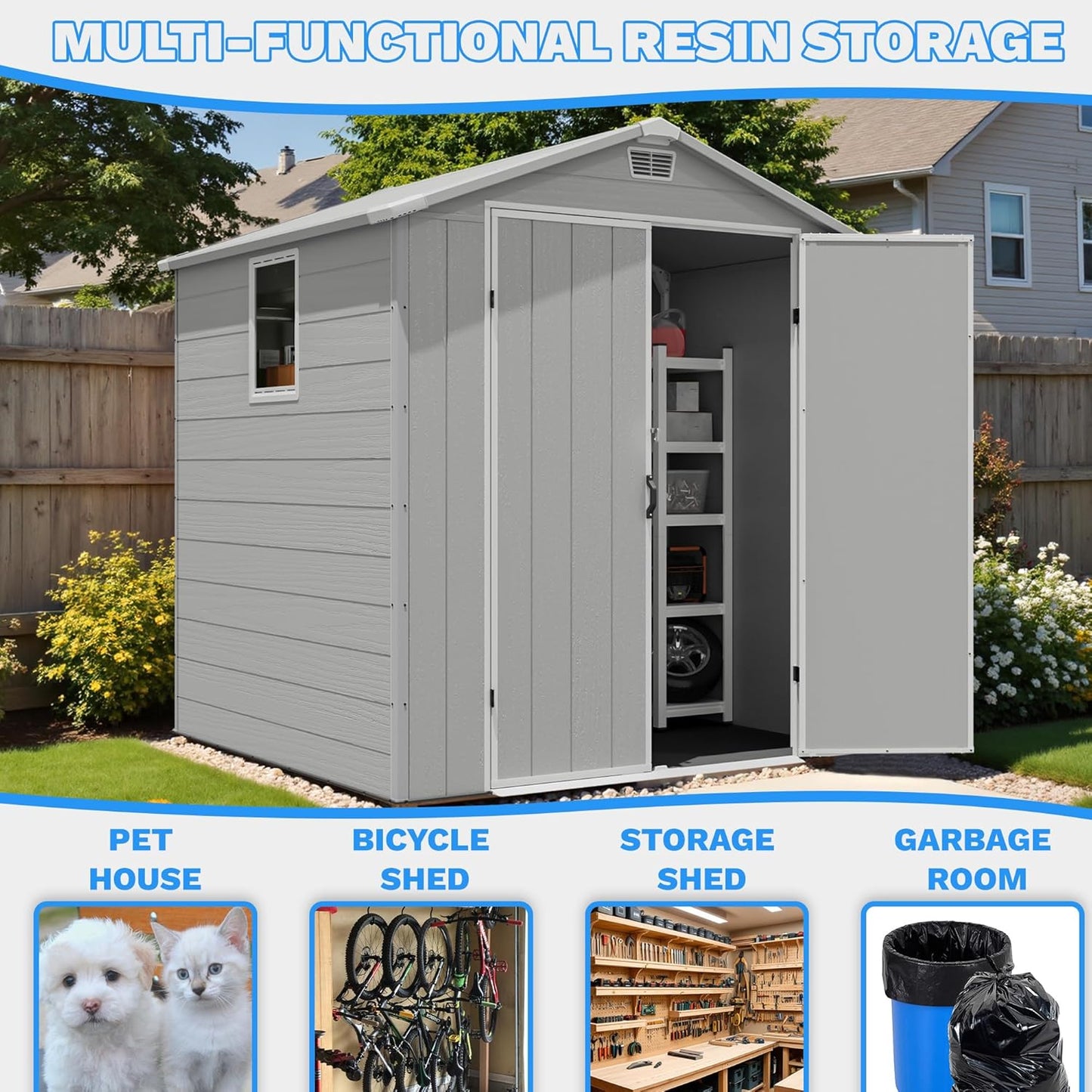 Greesum 6x6FT Plastic Outdoor Storage Shed with Floor, Resin Sheds with Lockable Double Door, All-Weather Tool Sheds with Window and Vents, for Garden, Backyard, Patio, Light Gray