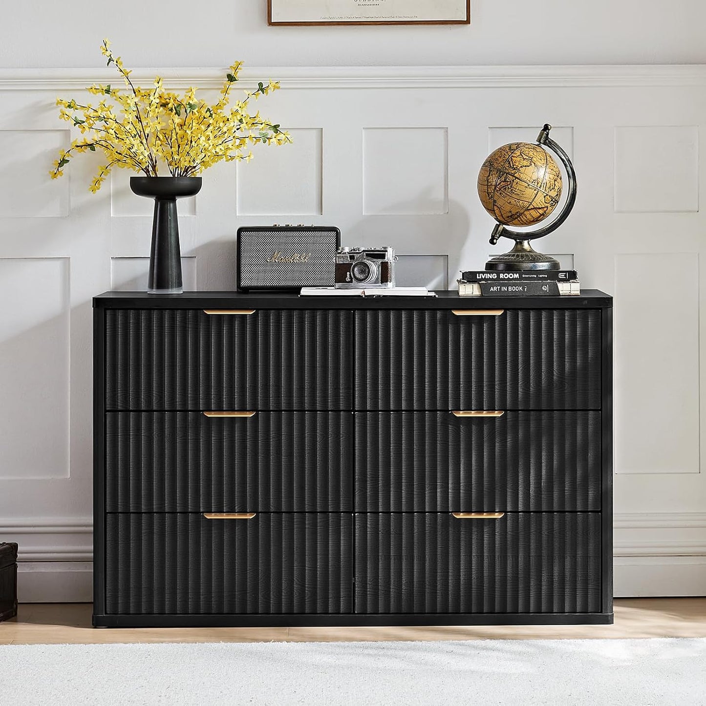 LEYAOYAO Fluted 6 Drawers Dresser Set of 2, 48" Wide Modern Chest of Drawers with Woodgrain Top, Curved Profile Design, Dresser TV Stand, Wooden Drawer Organizer for Bedroom, Living Room,Black