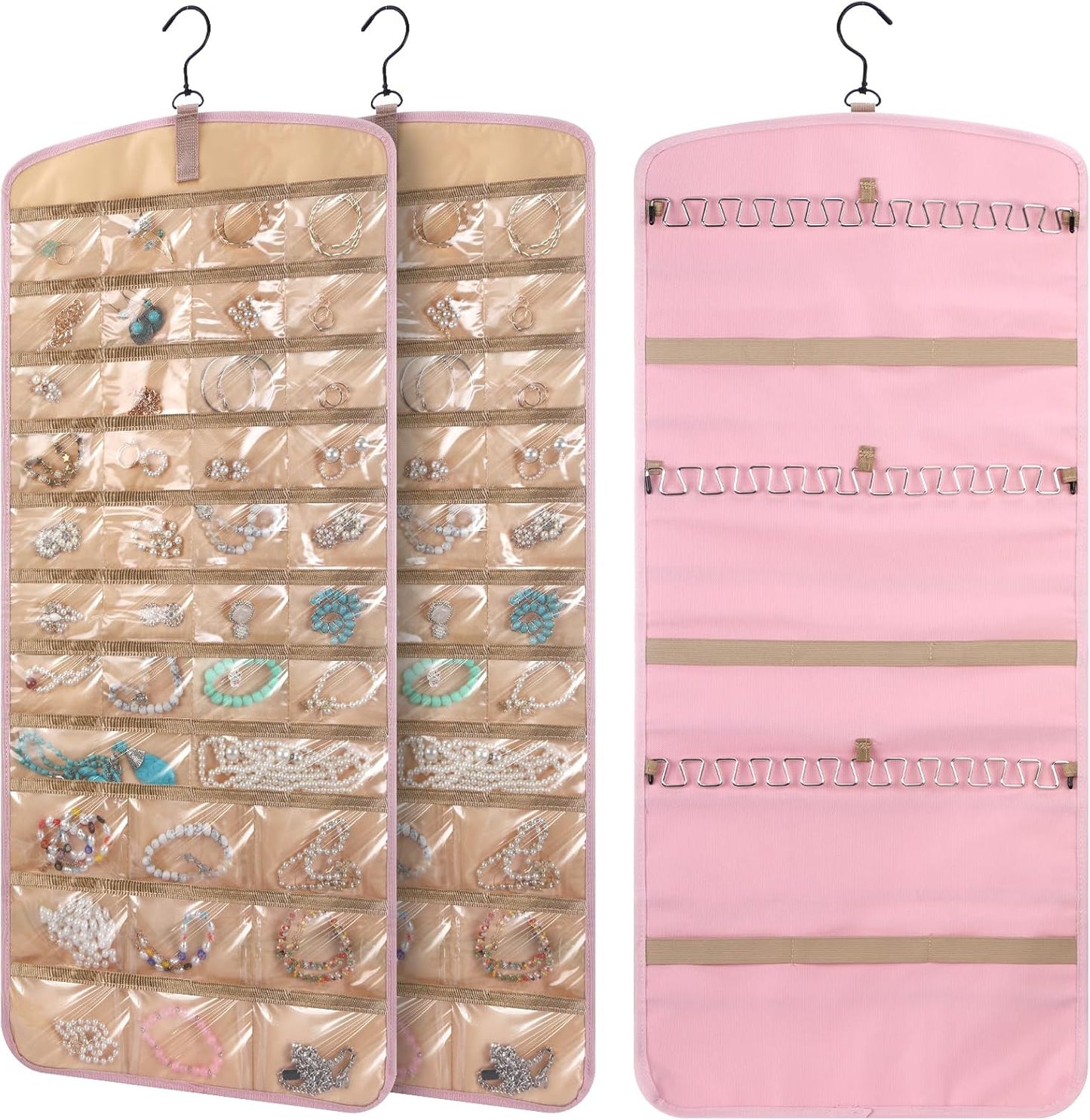 2 Pack Hanging Jewelry Organizer Storage with 39 Pockets, 30 Necklace Hooks Double Sided Wall Mount Earring Holder Organizer Bracelet Necklace Jewelry Display Hanger for Closet Door(Pink)