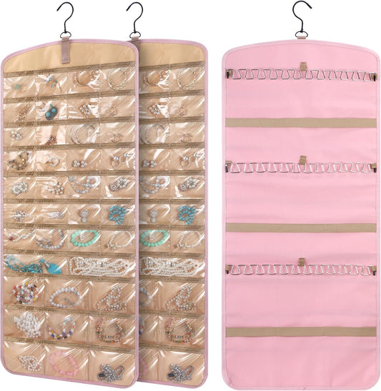 2 Pack Hanging Jewelry Organizer Storage with 39 Pockets, 30 Necklace Hooks Double Sided Wall Mount Earring Holder Organizer Bracelet Necklace Jewelry Display Hanger for Closet Door(Pink)