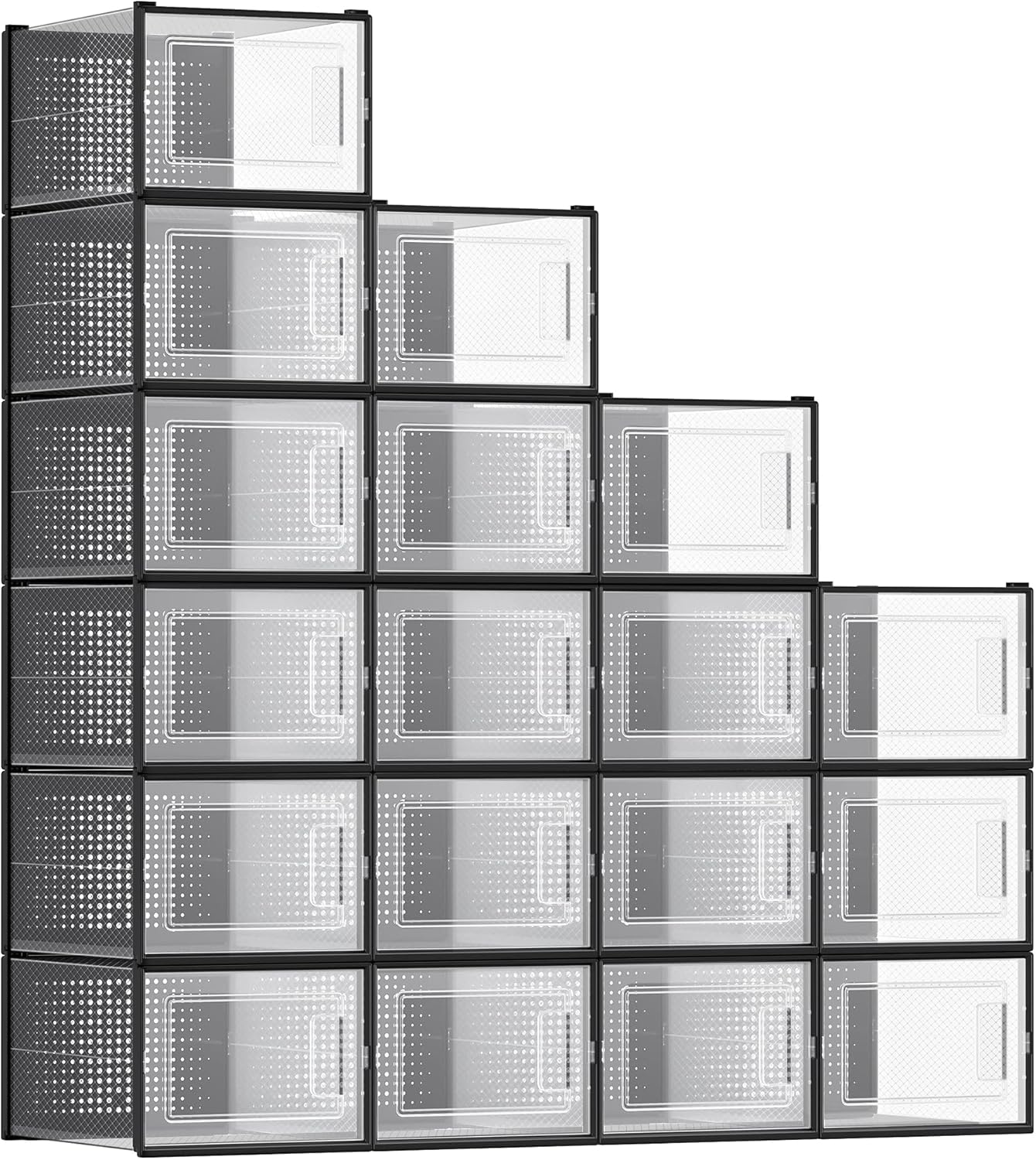 SONGMICS Shoe Boxes, Pack of 18 Shoe Storage Organizers, Stackable Clear Plastic Boxes for Closet, Sneakers, 13.7 x 9.9 x 7.4 Inches, Transparent and Black ULSP007B18