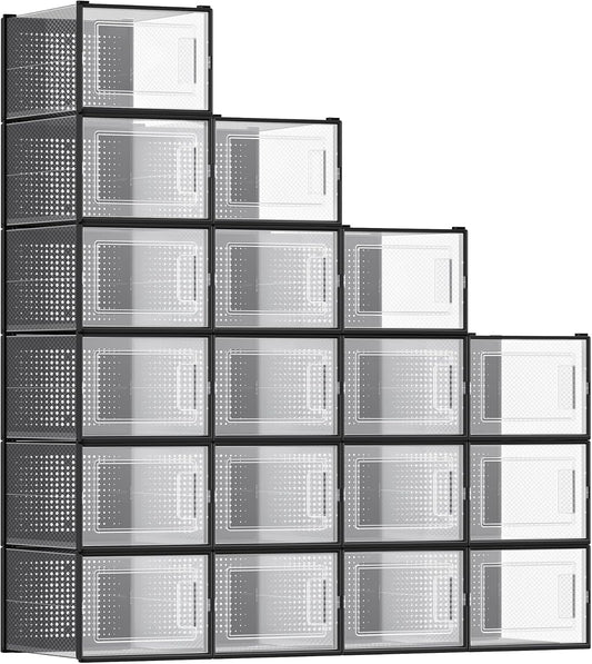 SONGMICS Shoe Boxes, Pack of 18 Shoe Storage Organizers, Stackable Clear Plastic Boxes for Closet, Sneakers, 13.7 x 9.9 x 7.4 Inches, Transparent and Black ULSP007B18
