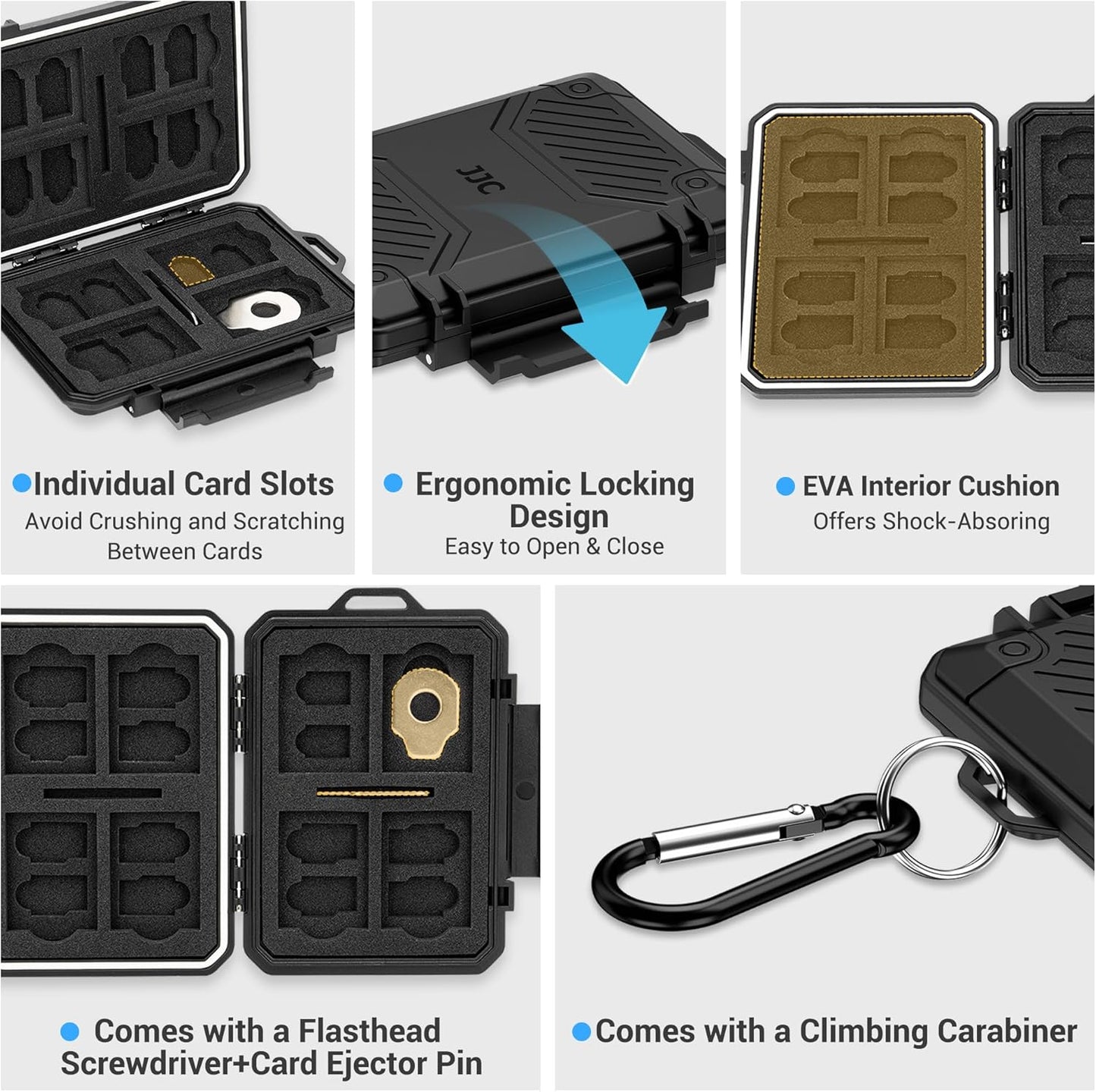 JJC Slim Memory Card Case for 8 SD 12 TF and 2 Nano SIM Cards, IP67 Waterproof Anti-Shock Anti-Dust, Compact Size & Portable SD SDHC SDXC TF Micro SD Card Holder Organizer Storage Box with Carabiner
