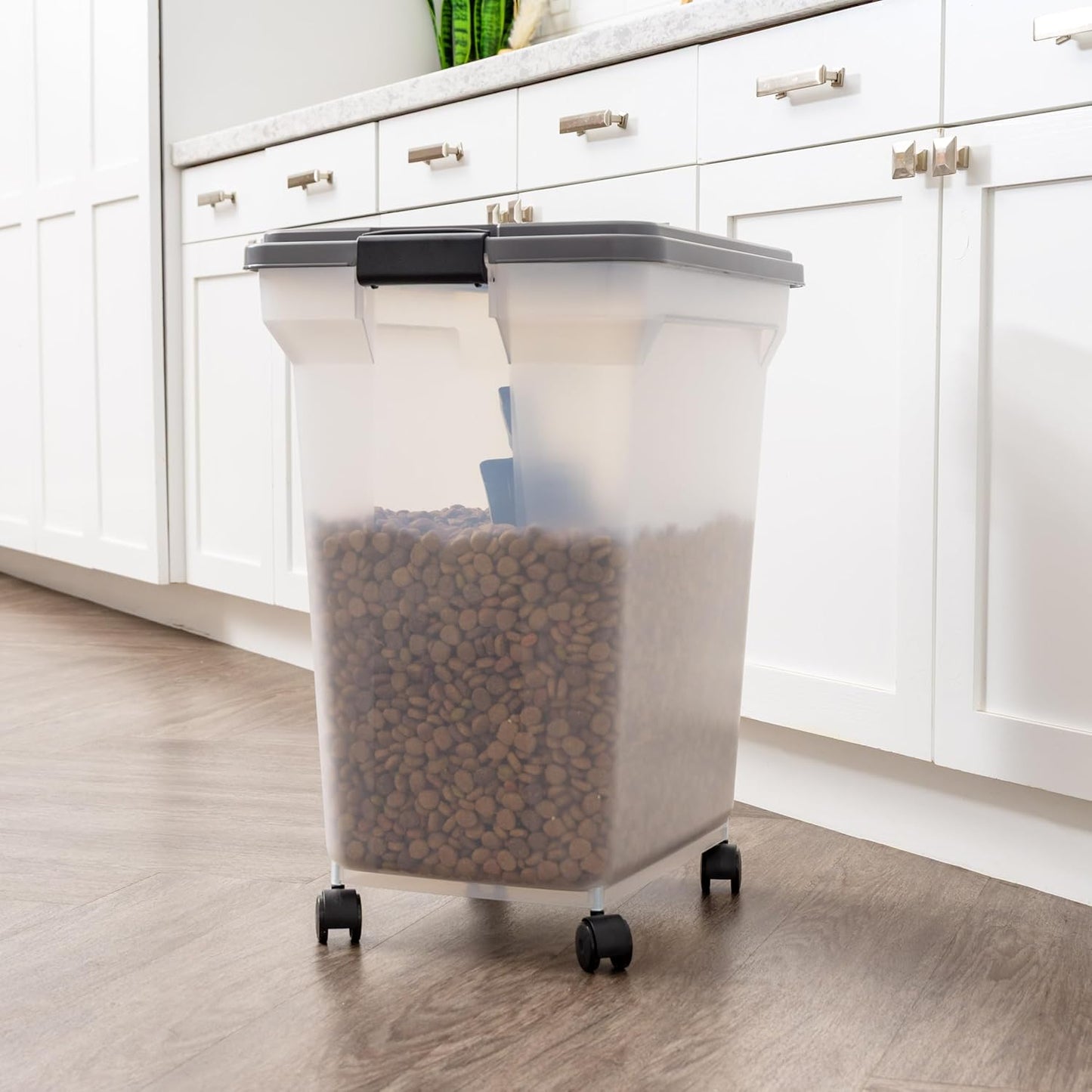 IRIS USA Dog Food Storage Container 40 lbs, Attachable Wheels, & Included Scoop, for Dog Cat Birds and other Pets, Food Storage Bin, Keep Fresh, Easy Mobility, BPA Free - Made in the USA, Dark Gray