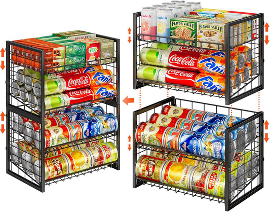 X-cosrack 2 Packs Stackable Can Rack Organizer for Pantry, 2-Tier Adjustable Pantry Can Storage Organizer for Canned Food Can Goods, Kitchen Can Dispenser Holder for Soda Drinks Snack, Black
