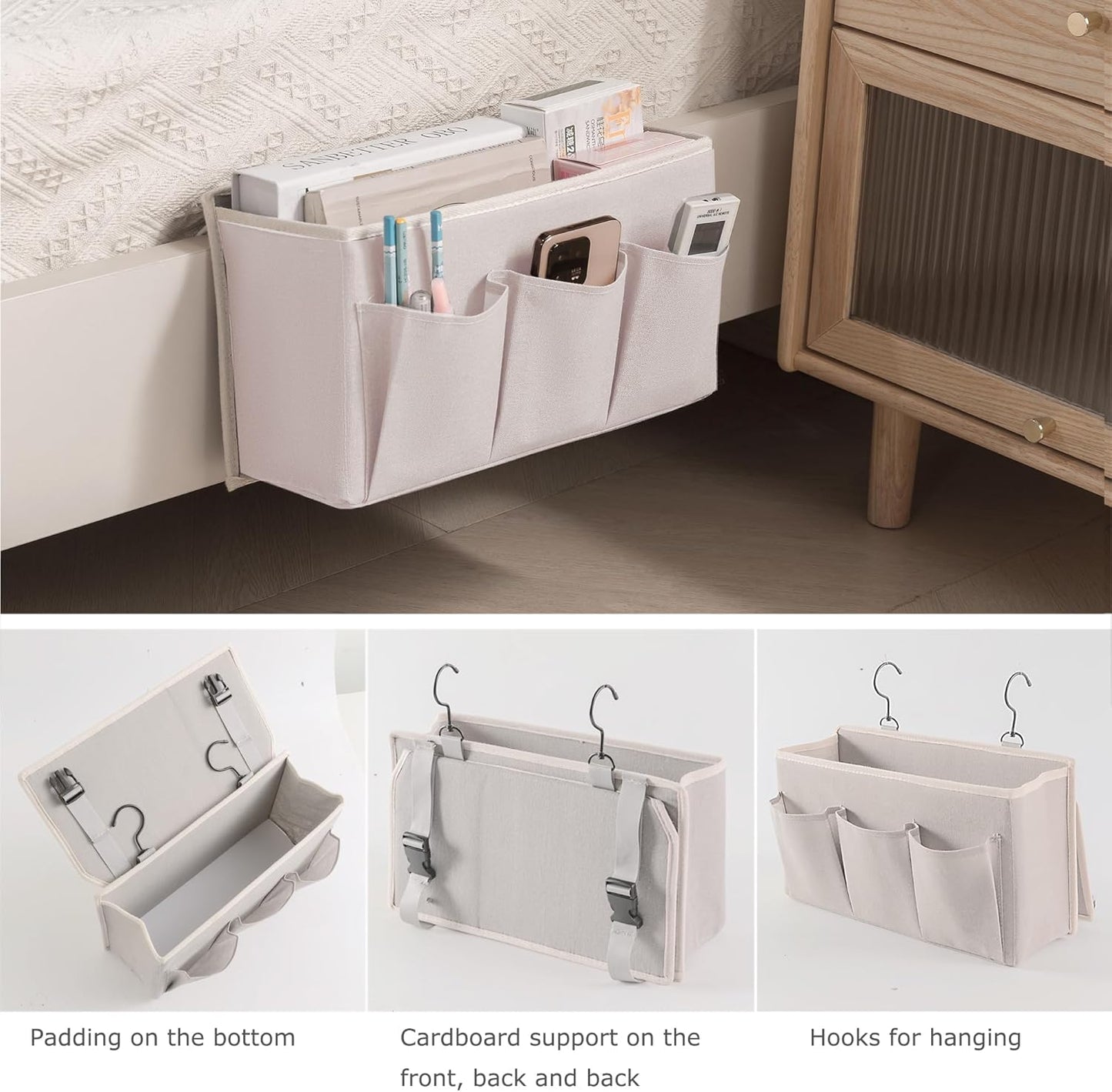 Bedside Caddy / Bedside Storage Organizer Hanging Bag with Three Options,Suitable for home beds, sofas, and dormitory beds—can hold magazines, books, phones, iPads, remote controls. (White)