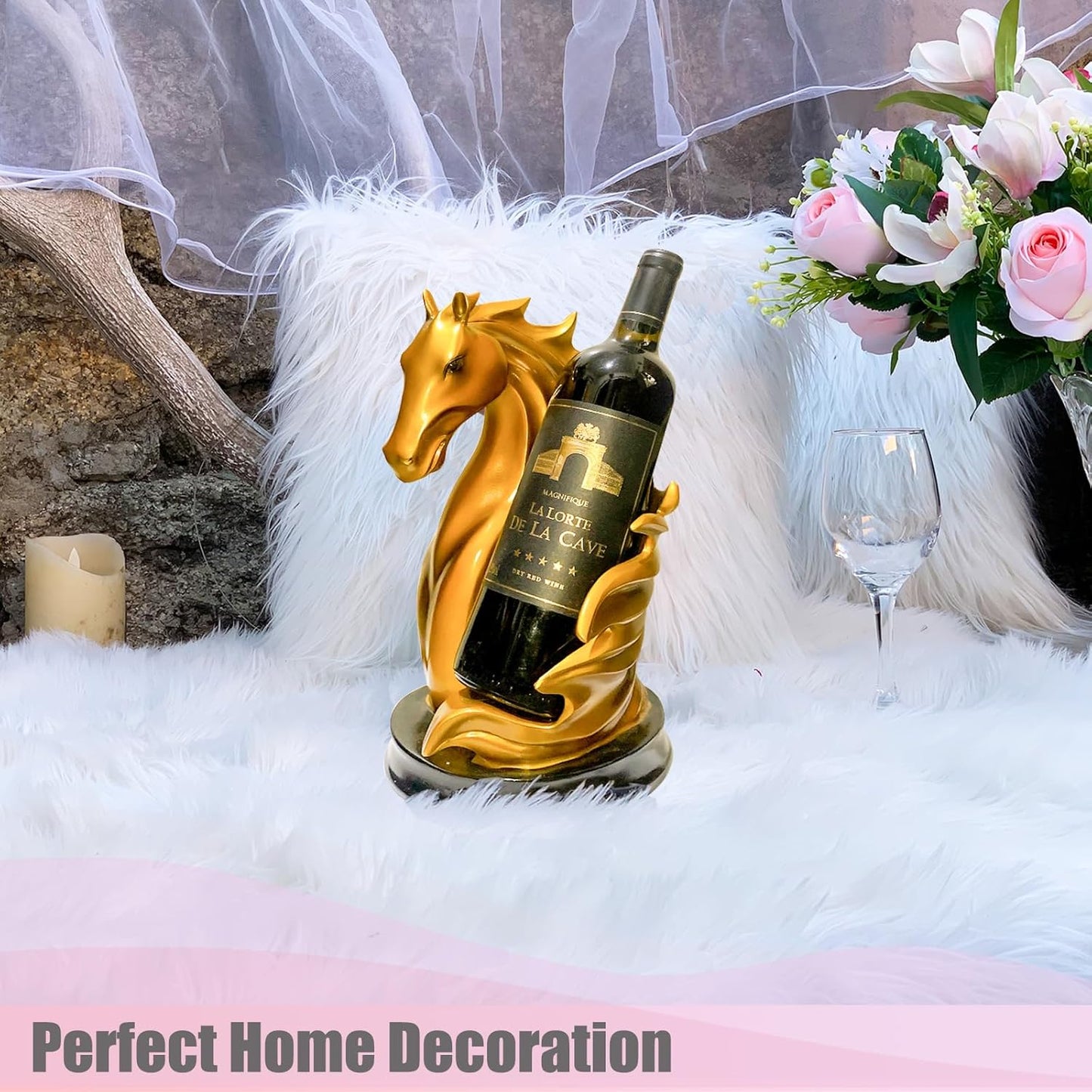 Wine Bottle Holder Wine Racks Tabletop Horse Statue as Home Kitchen Wine Cellar Decorative Storage Organizer, Horse Sculpture Horse Decor Horse Gifts for Girls Men Women (Gold)