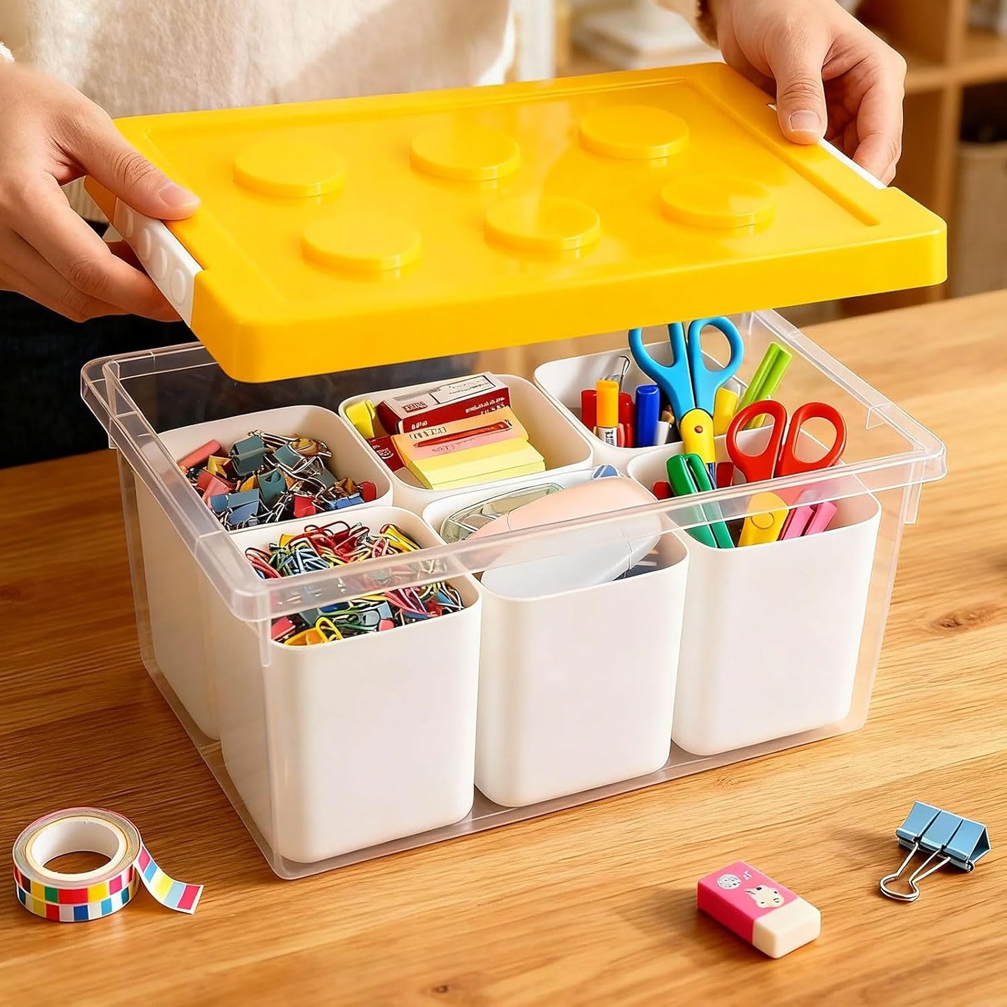 loobuu Plastic Storage Bins with Lids, Art Craft Supply Organizer Box with Brush Pot, Multipurpose Stackable Storage Containers for Organizing Tool, Craft, Crayon,Sewing(Yellow)