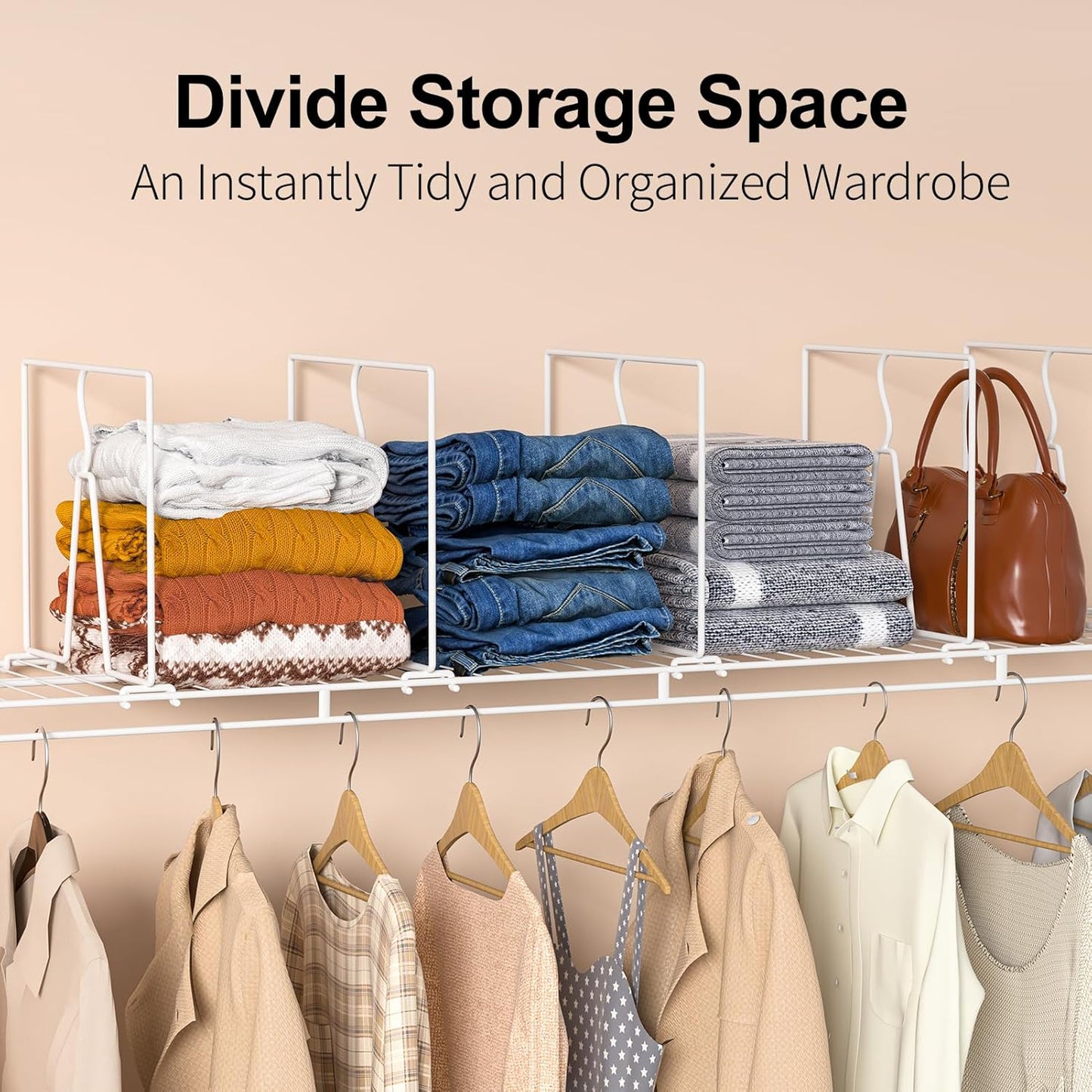 Wire Shelf Dividers for Closet: Tall 8 Pack 12-Inch Deep Adjustable Organizer for Shelves,Metal Rack Separator for Clothes, Purses & Bags，No Tool