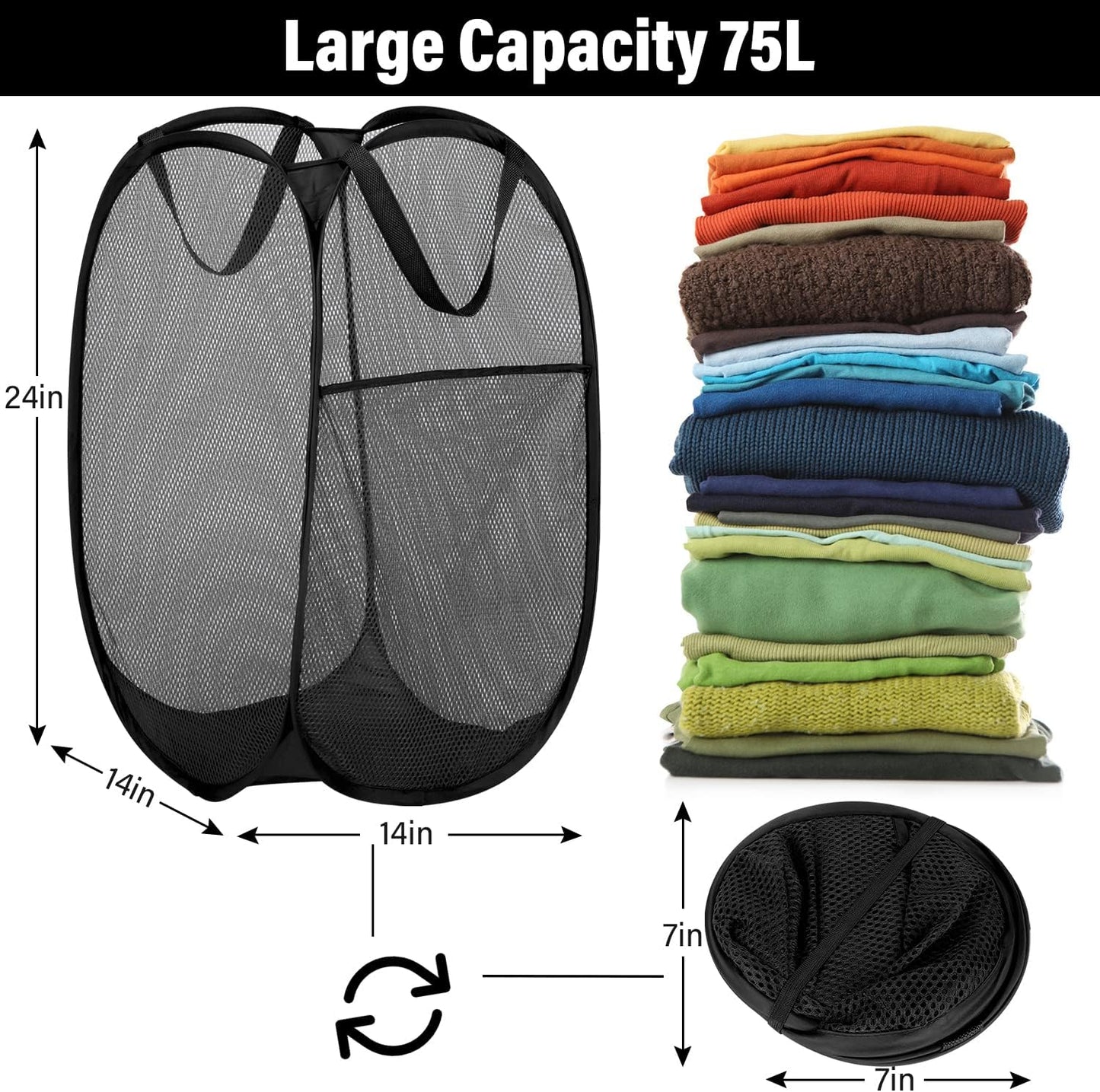 BATTOO Deluxe Strong Mesh Pop up Laundry Hamper Basket with Side Pocket for Laundry Room, Bathroom, Kids Room, College Dorm or Travel 2 Pack Black