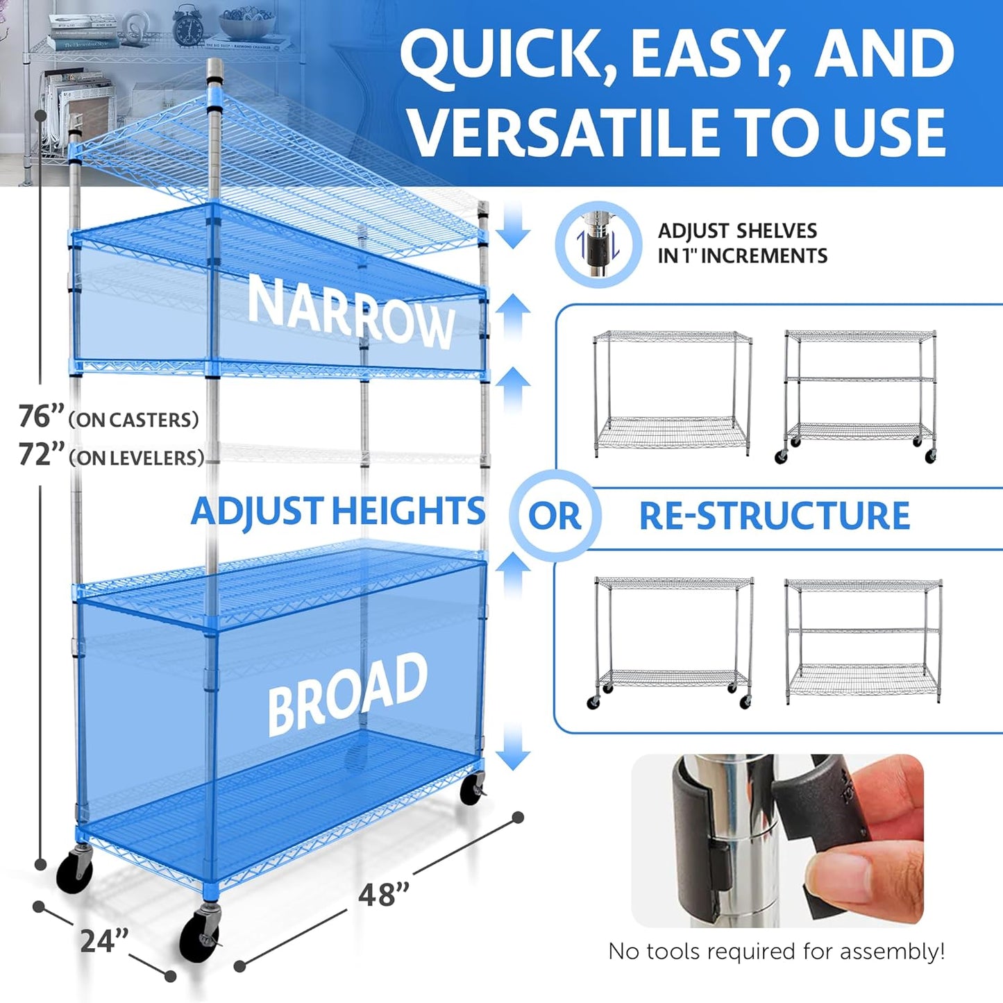 4000 LBS Heavy Duty Metal Shelving Unit – 36x18x76 NSF 5-Tier Wire Rack with Wheels, Adjustable Garage Storage Shelves, Chrome Wire Shelving for Kitchen, Warehouse, Bakers Rack – Crescent