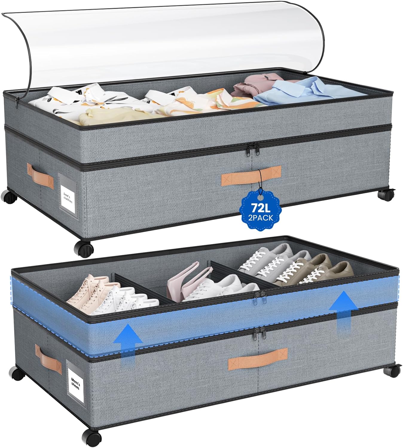 Under Bed Storage with Wheels, 72L XXL Under the Bed Storage Containers Large, 10‘’ Tall Adjustable Storage for Underbed with Lids, Rolling for Shoes, Clothes, Blankets, Grey