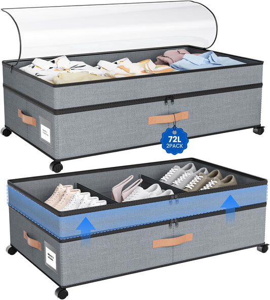 Under Bed Storage with Wheels, 72L XXL Under the Bed Storage Containers Large, 10‘’ Tall Adjustable Storage for Underbed with Lids, Rolling for Shoes, Clothes, Blankets, Grey