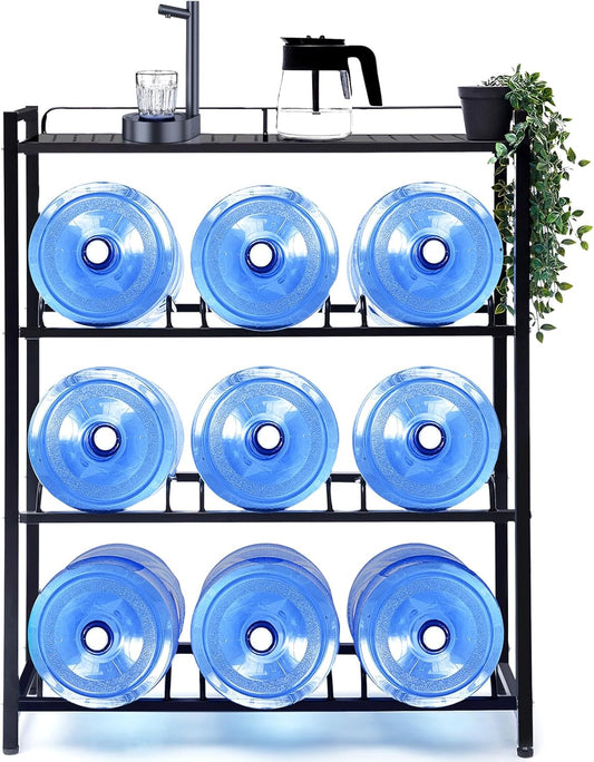 5 Gallon Water Dispenser Jug Holder with Top Shelf Heavy Duty Water Cooler Jug Rack and 4 Tier Water Storage Rack with 9 Slots for Gallon Jugs (Black)