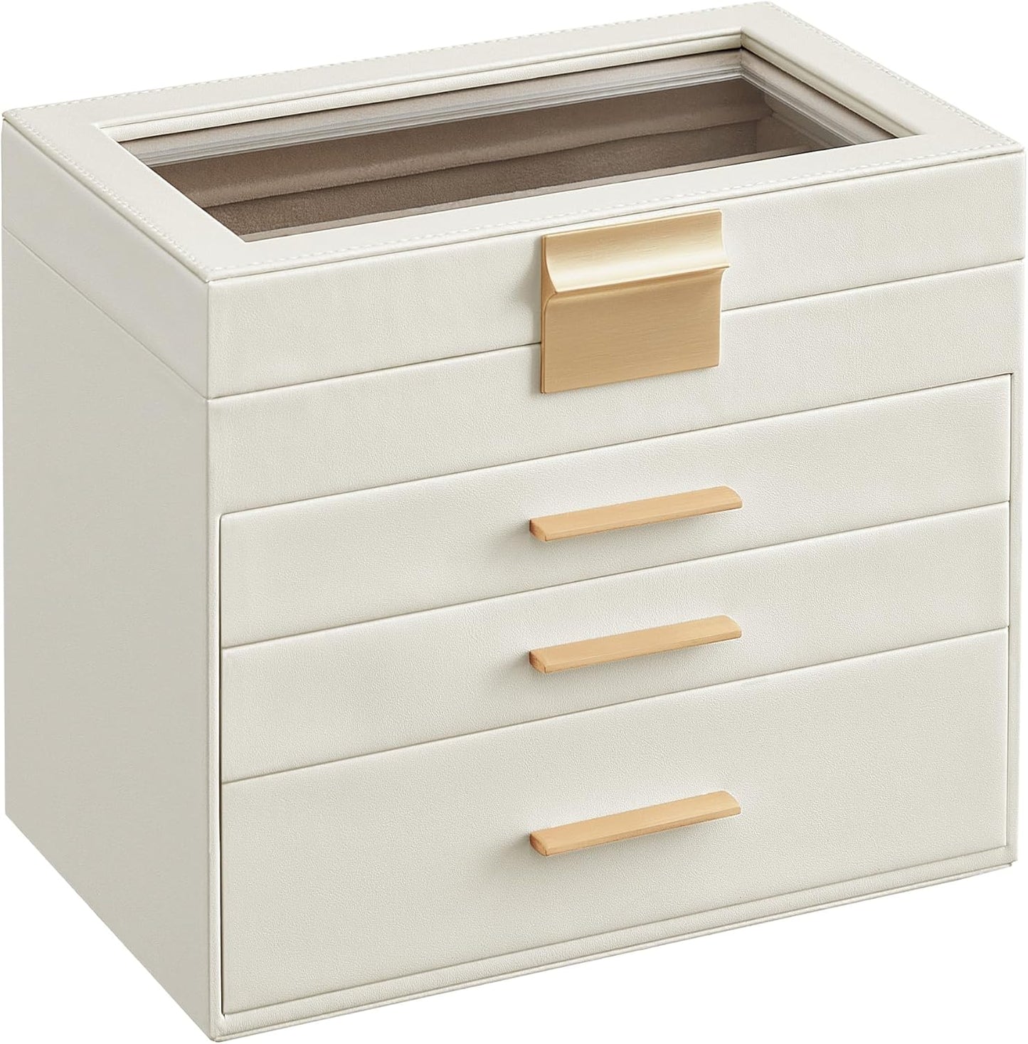 SONGMICS Jewelry Box Organizer with Glass Lid, 4-Layer Jewelry Storage, with 3 Drawers, Modern Style, Christmas Gift, 6 x 9.9 x 8.5 Inches, Cloud White and Gold Color UJBC161W01