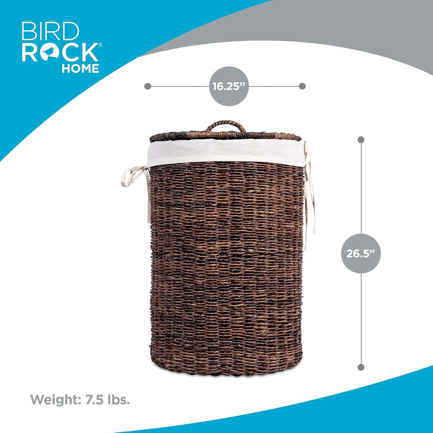 BIRDROCK HOME Seagrass Laundry Hamper with Lid & Liner - Handwoven Round Basket with Handles for Laundry/Dirty Clothes - Organizer, Storage, Shelves, Bin in Bathroom, Bedroom & Laundry Room - Espresso