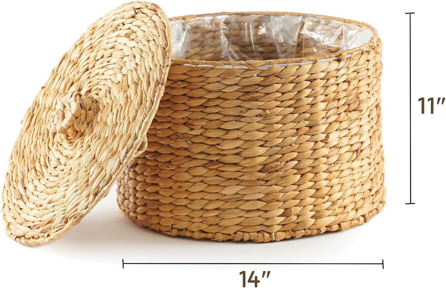 Greenatural Wicker Trash Can, 14x14x11 in Handwoven Water Hyacinth Waste Basket with Lid, Wicker Storage Bin with Natural Finish, Rustic Garbage Can for Laundry Room, Bathroom, Bedroom, Office