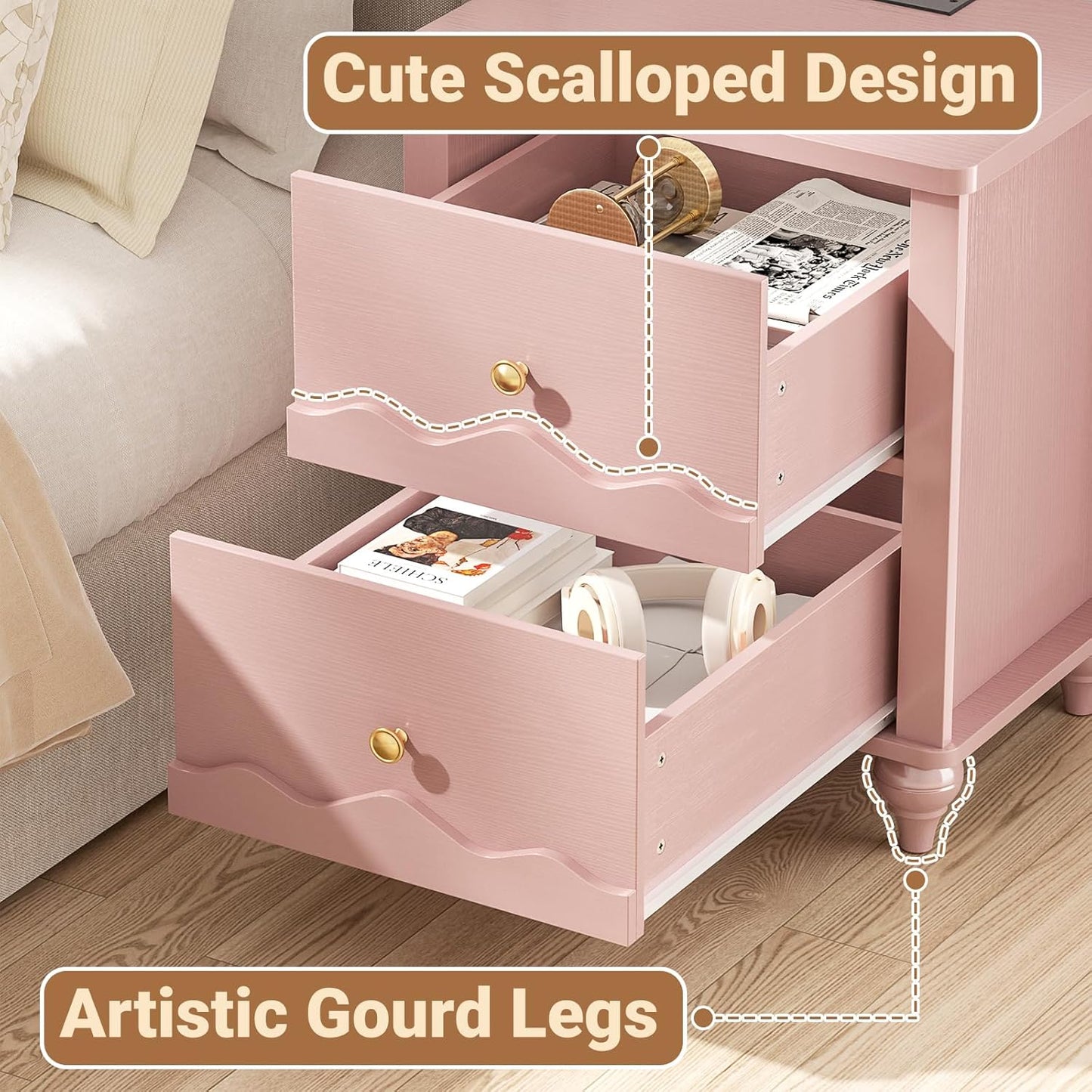 Cyclysio Nightstand Set of 2 with Charging Station, Side End Table with 2 Drawers, Modern Wood Night Stand Set 2 with Scalloped Pattern for Bedroom, Bedside Night Tables with Solid Wood Gourd Legs