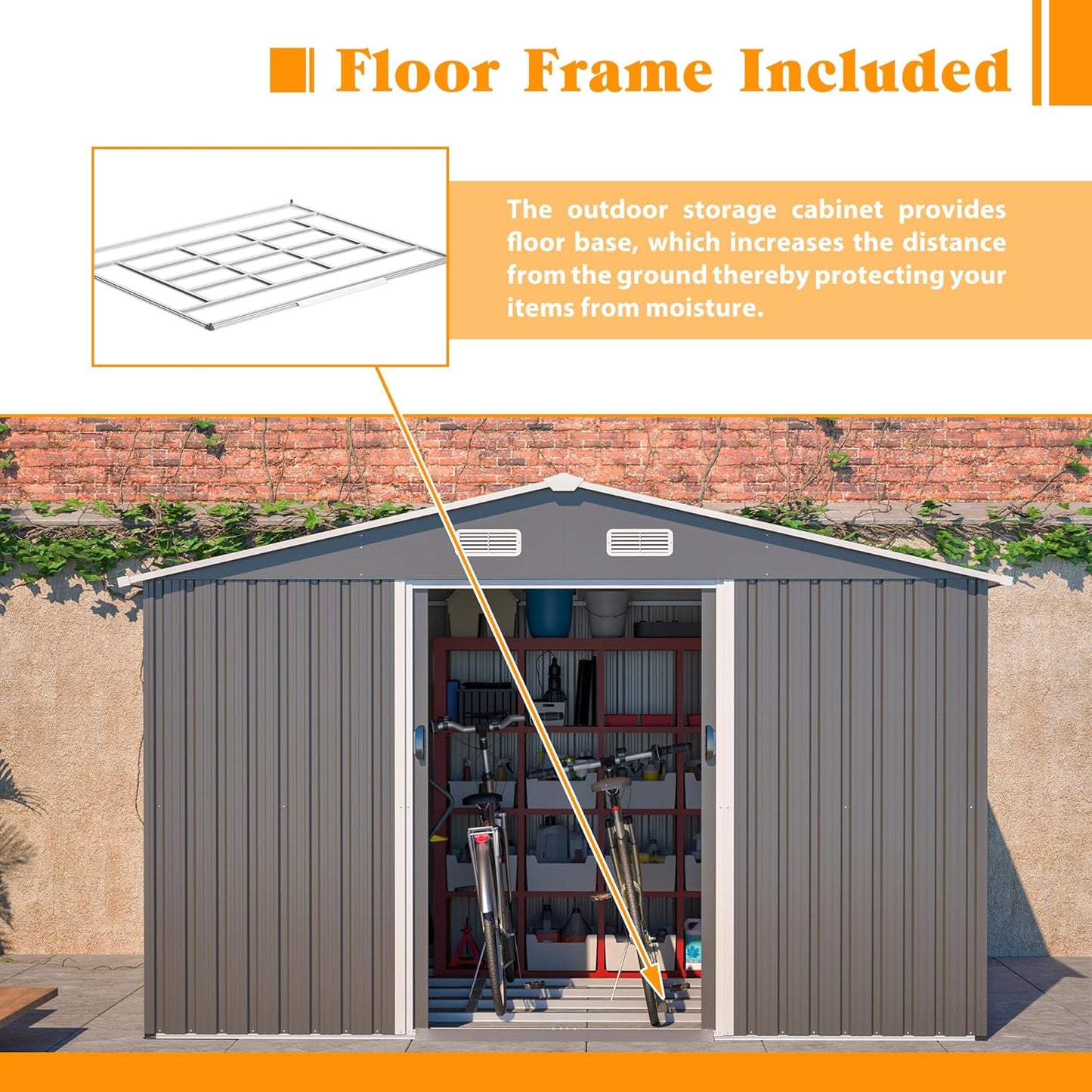 10x8 FT Outdoor Storage Shed with Floor Frame, Metal Sheds Included Double Air Vents & Lockable Sliding Door Foundation Steel Garden Tool Shed with Waterproof Roof Ideal for Backyard Patio Dark Gray