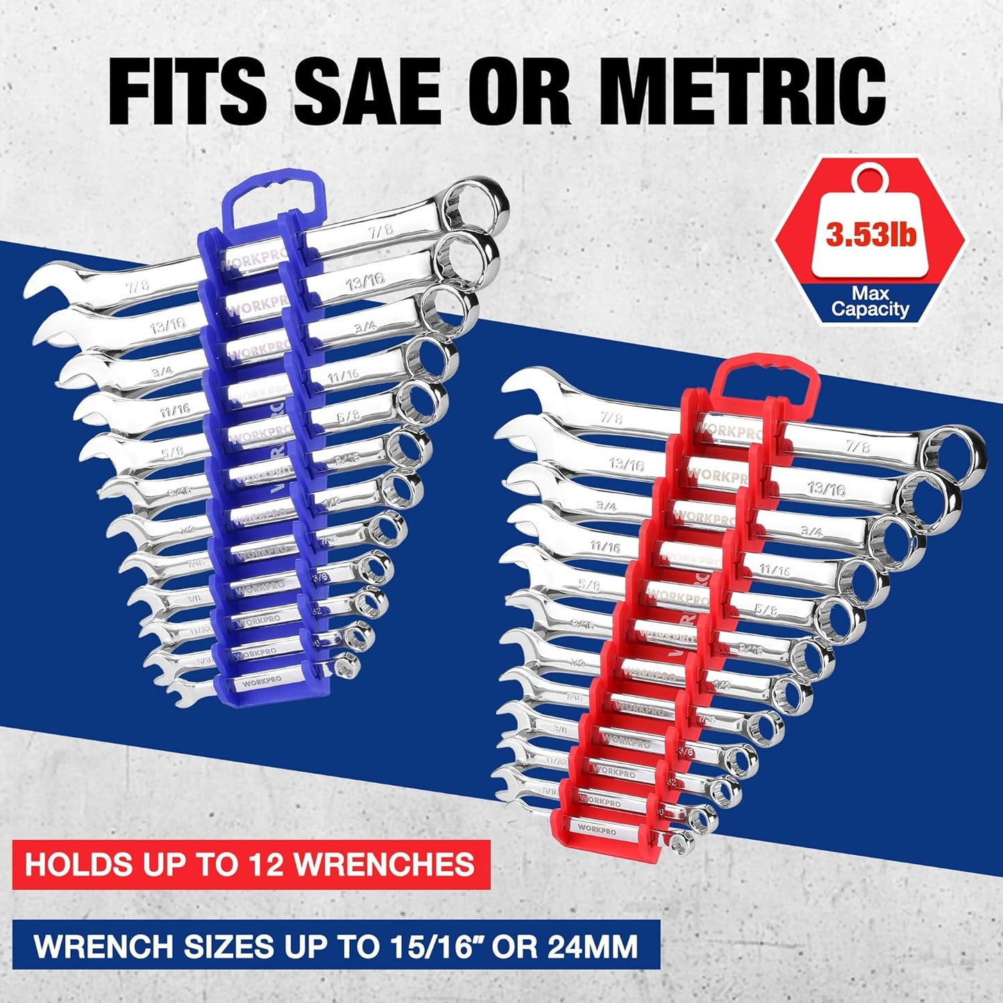 WORKPRO 2-Pack Magnetic Wrench Organizer, 12-Piece Gripper Wrench Holder for Stubby or Line Wrenches, Quality Wrench Rack Fits for SAE (1/4” to 15/16”) and Metric (6mm to 24mm), Flexible Teeth