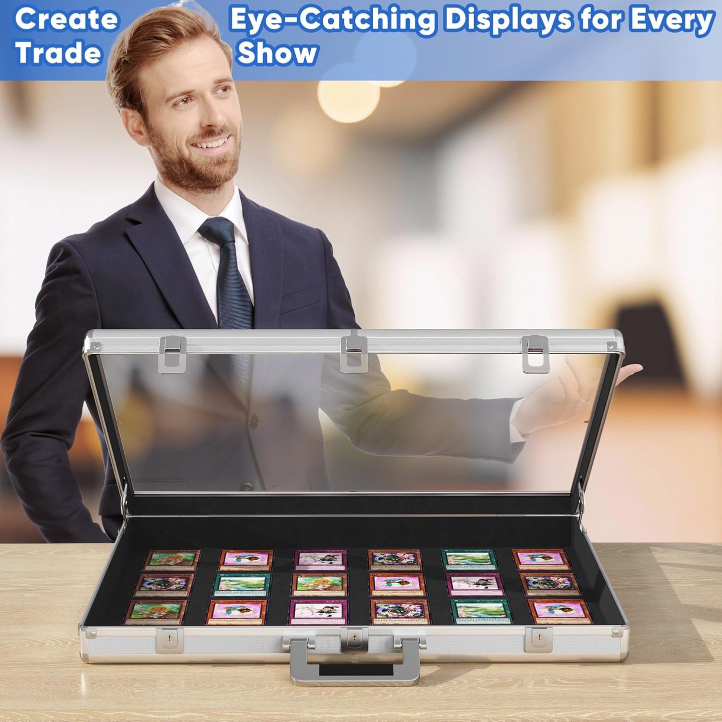 Portable Trade Show Display Case, 28"x20" Aluminum Card Show Display Case with Lock, Large Table Top Sports Card Display Case with Clear Acrylic Glass for Jewelry, Trading Card, Collectibles Shows