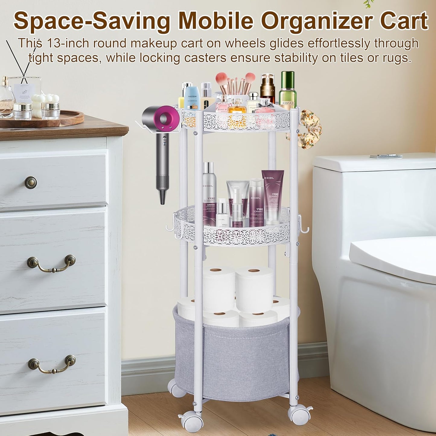 Rolling Makeup Cart Organizer with Removable Hair Dryer Holder, 3 Tier Round Floor Makeup Organizer with Wheels for Cosmetic, Perfume, Nail Polish, Small Space Bathroom Storage Cart, White