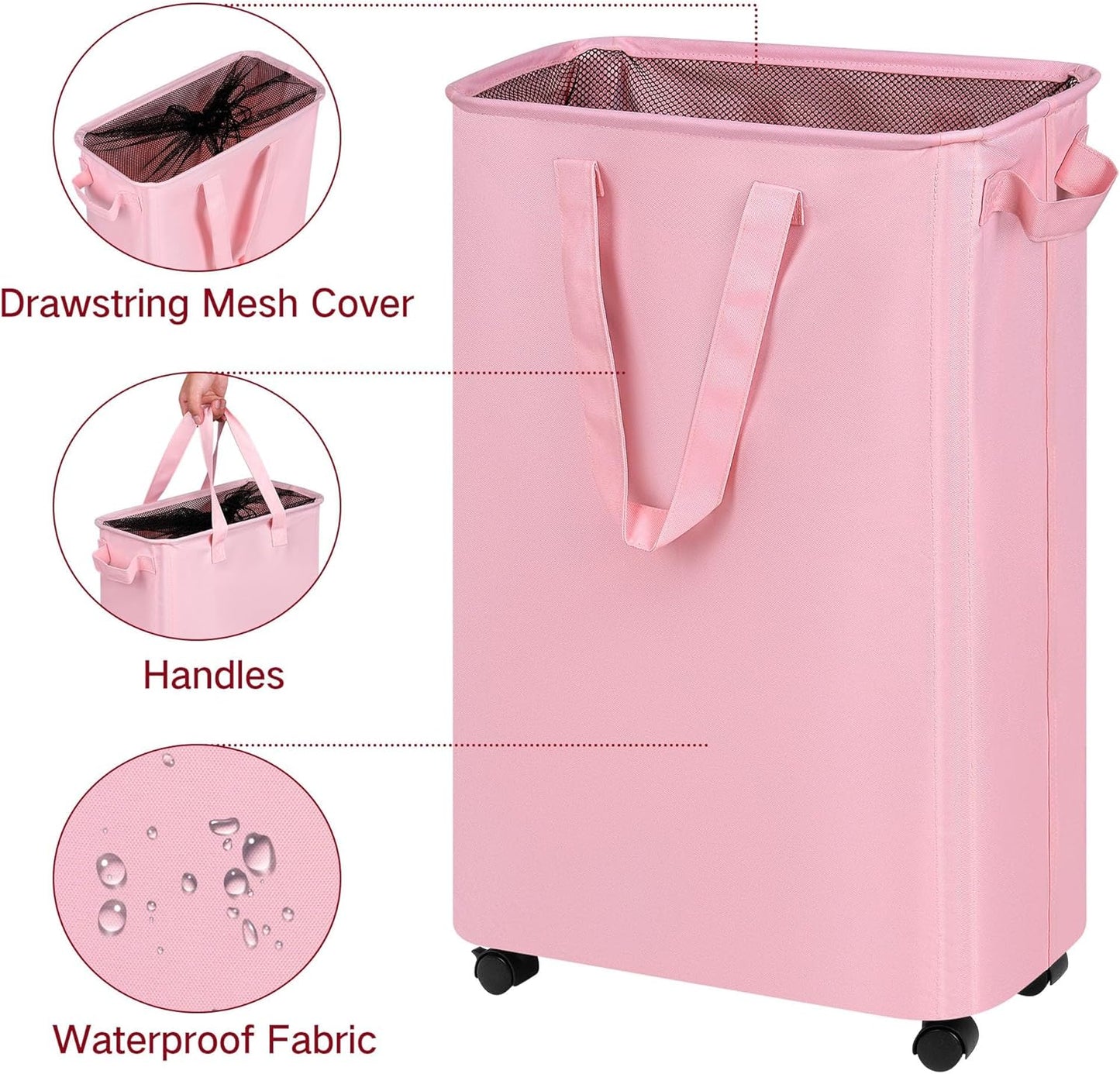 efluky Slim Laundry Hamper with Wheels, Rolling Laundry Basket for Clothes, Small Laundry Basket for Bedroom, Dorm and Laundry Room, 60L (12.7 Gallons) Pink