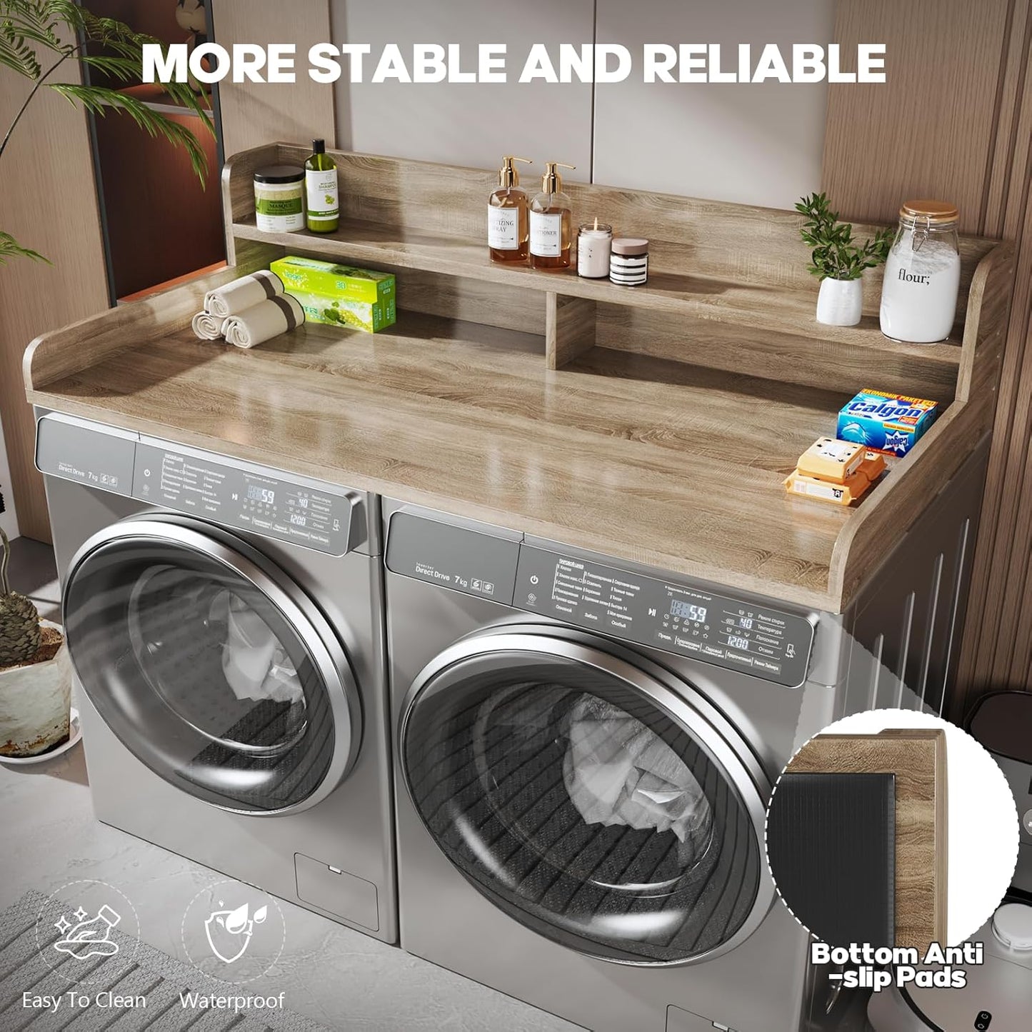 2-Tier Washer and Dryer Countertop with 2.75" H Guard,58" W x 28" D Laundry Countertop Cover with Non-Slip Pad,Large Space Laundry Topper for Folding Clothes Over Washer and Dryer-White Oak