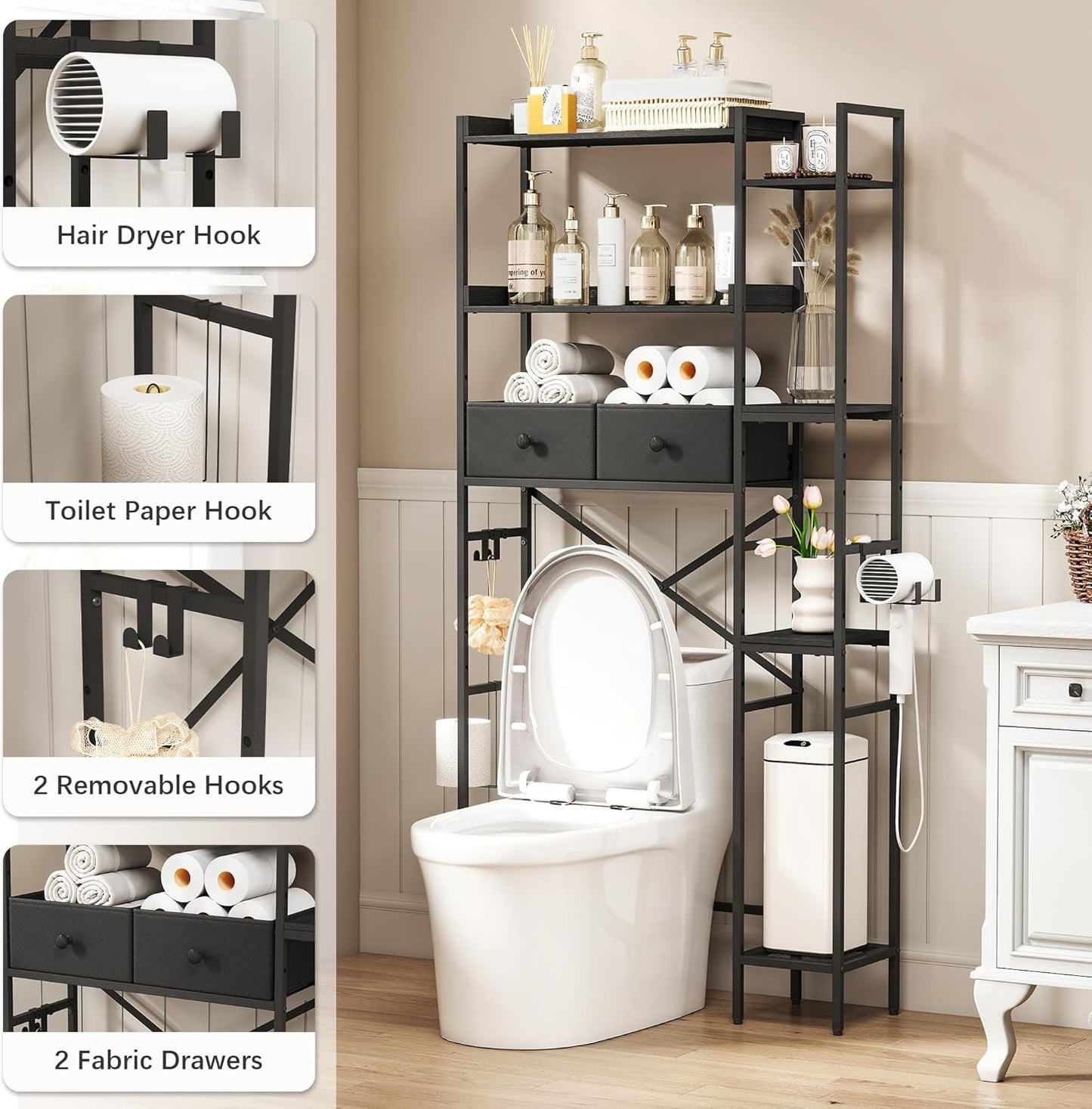 Over The Toilet Storage Shelf with Drawer, 3-Tier Above Toilet Bathroom Organizer with 4 Adjustable Side Shelves, Space Saver Freestanding Rack with Holder & Hook for Laundry Kitchen (Black)